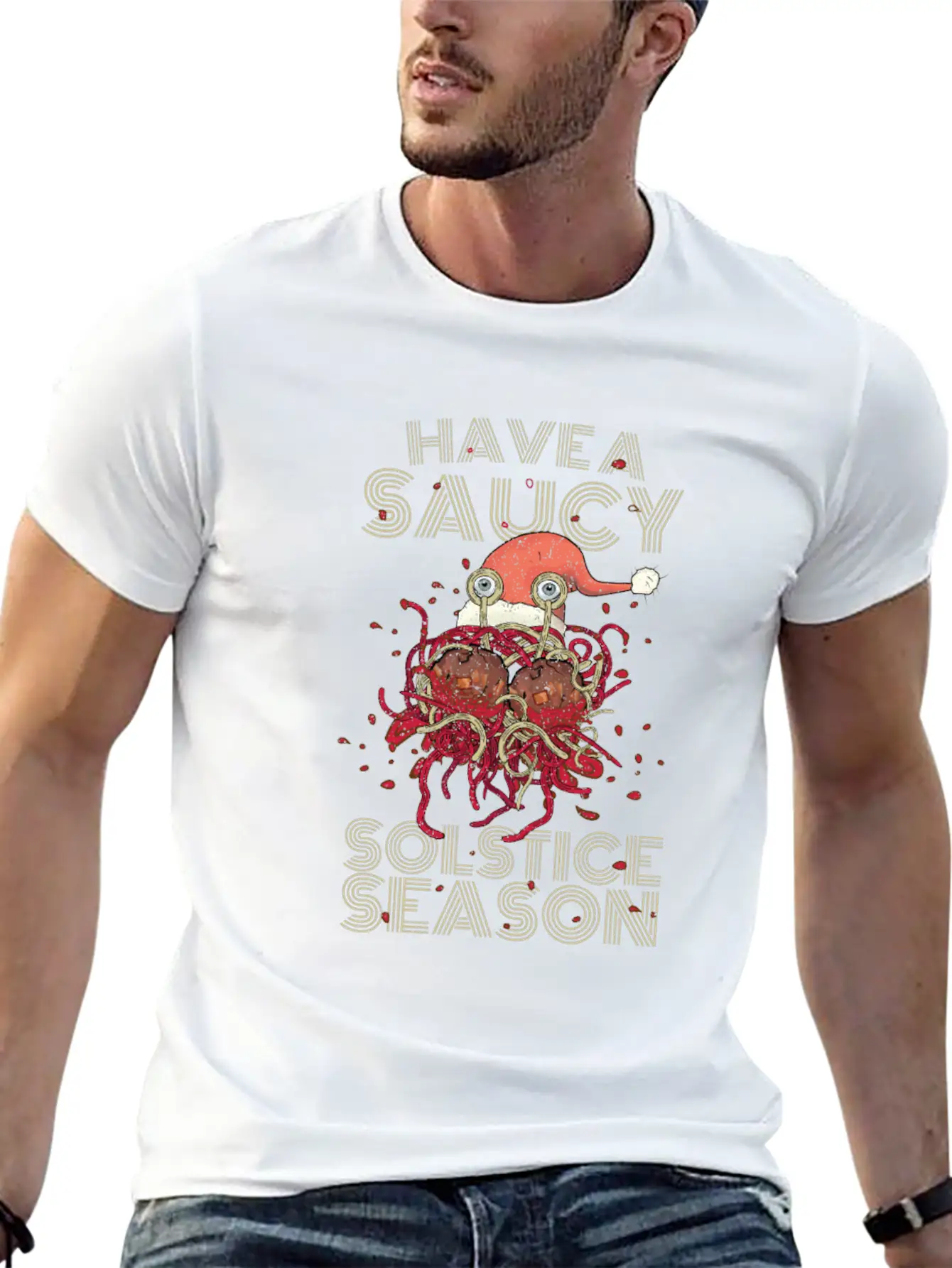 Saucy Solstice Season Spaghetti Meatballs Winter Basic Graphic T-Shirt – Daily Comfort In Soft Cotton