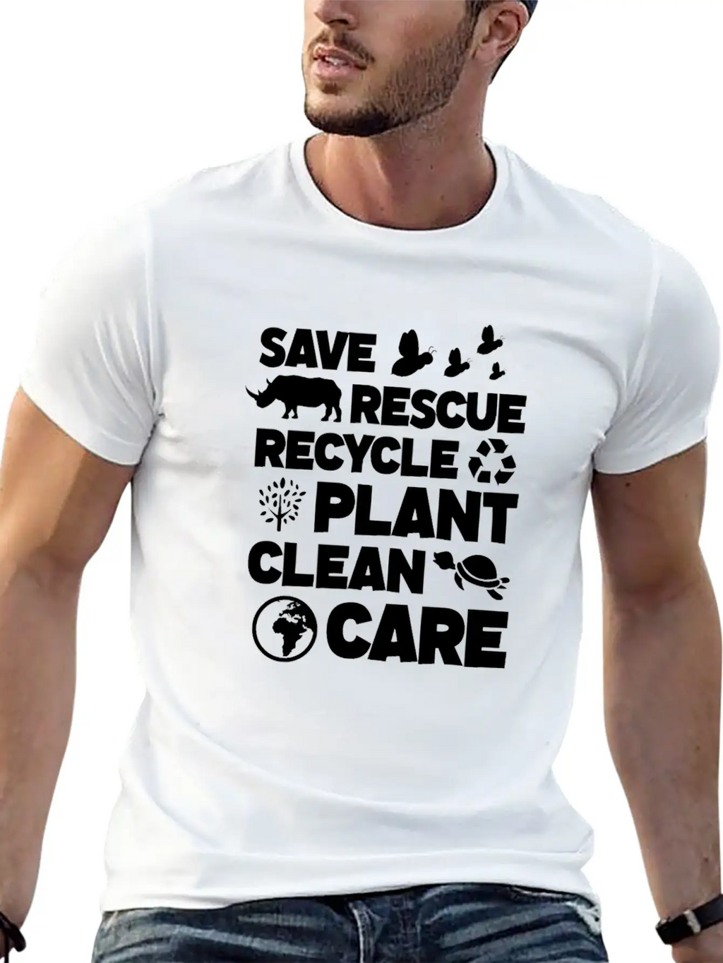 Save Rescue Recycle Plant Clean Care, Earth Day Breathable Soft Cotton T-Shirt – Timeless Casual Look