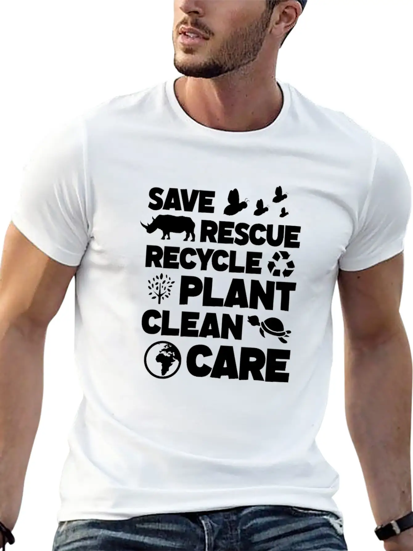 Save Rescue Recycle Plant Clean Care, Earth Day Breathable Soft Cotton T-Shirt – Timeless Casual Look