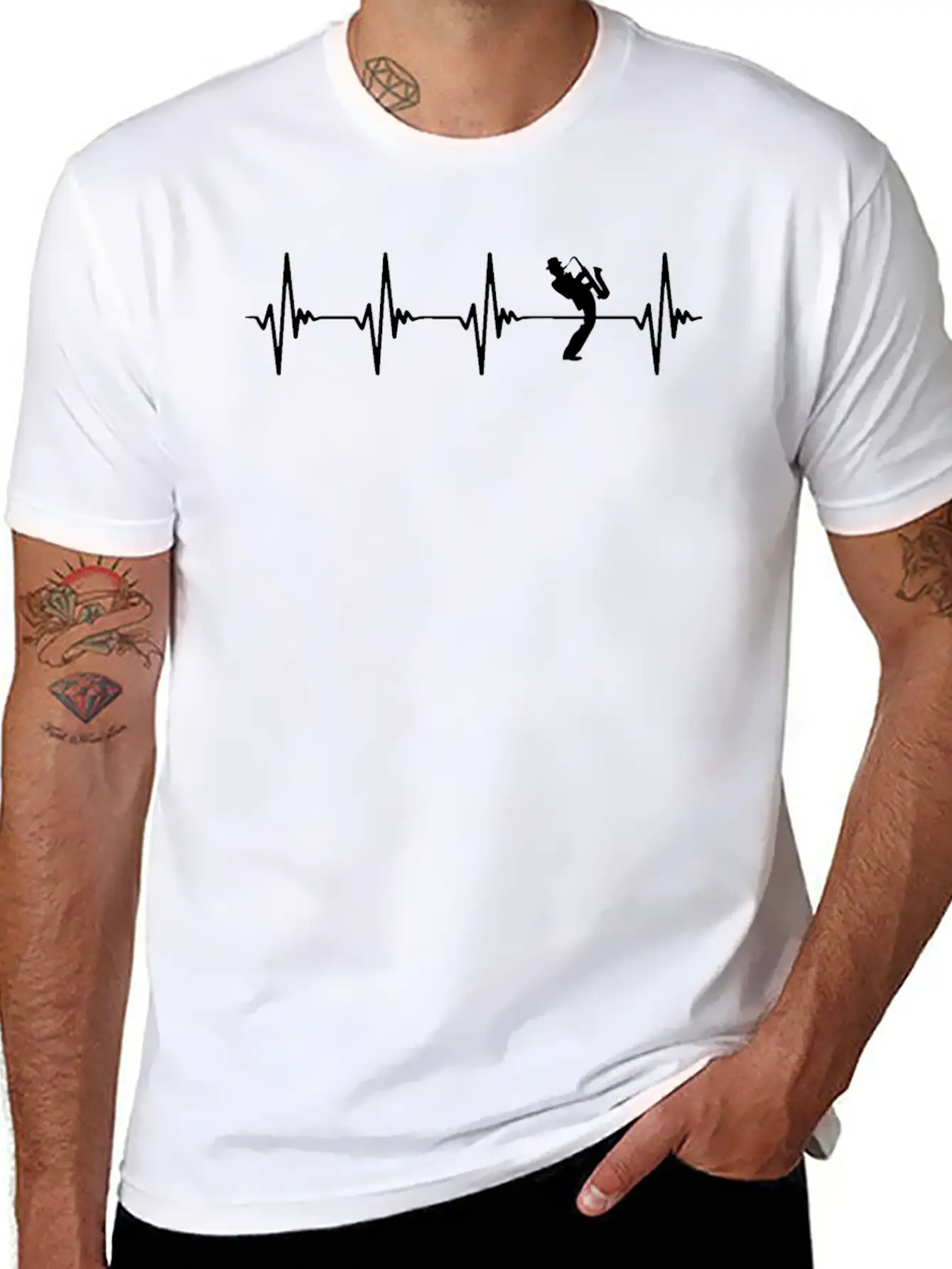 Saxophone Heartbeat White Basic Graphic T-Shirt – Daily Comfort In Soft Cotton