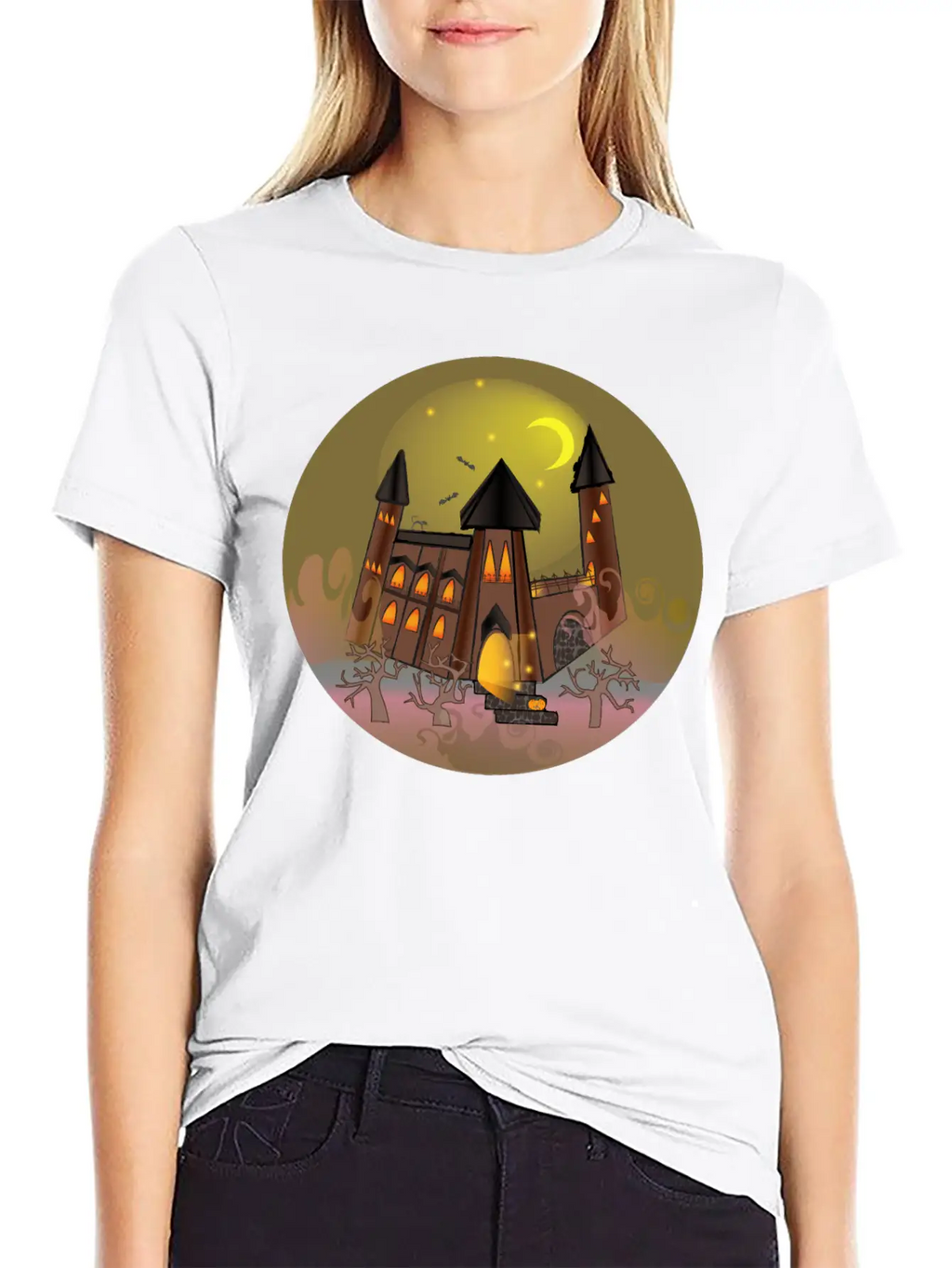 Scary Halloween Witch House And Pumpkin Breathable Soft Cotton T-Shirt – Timeless Casual Look