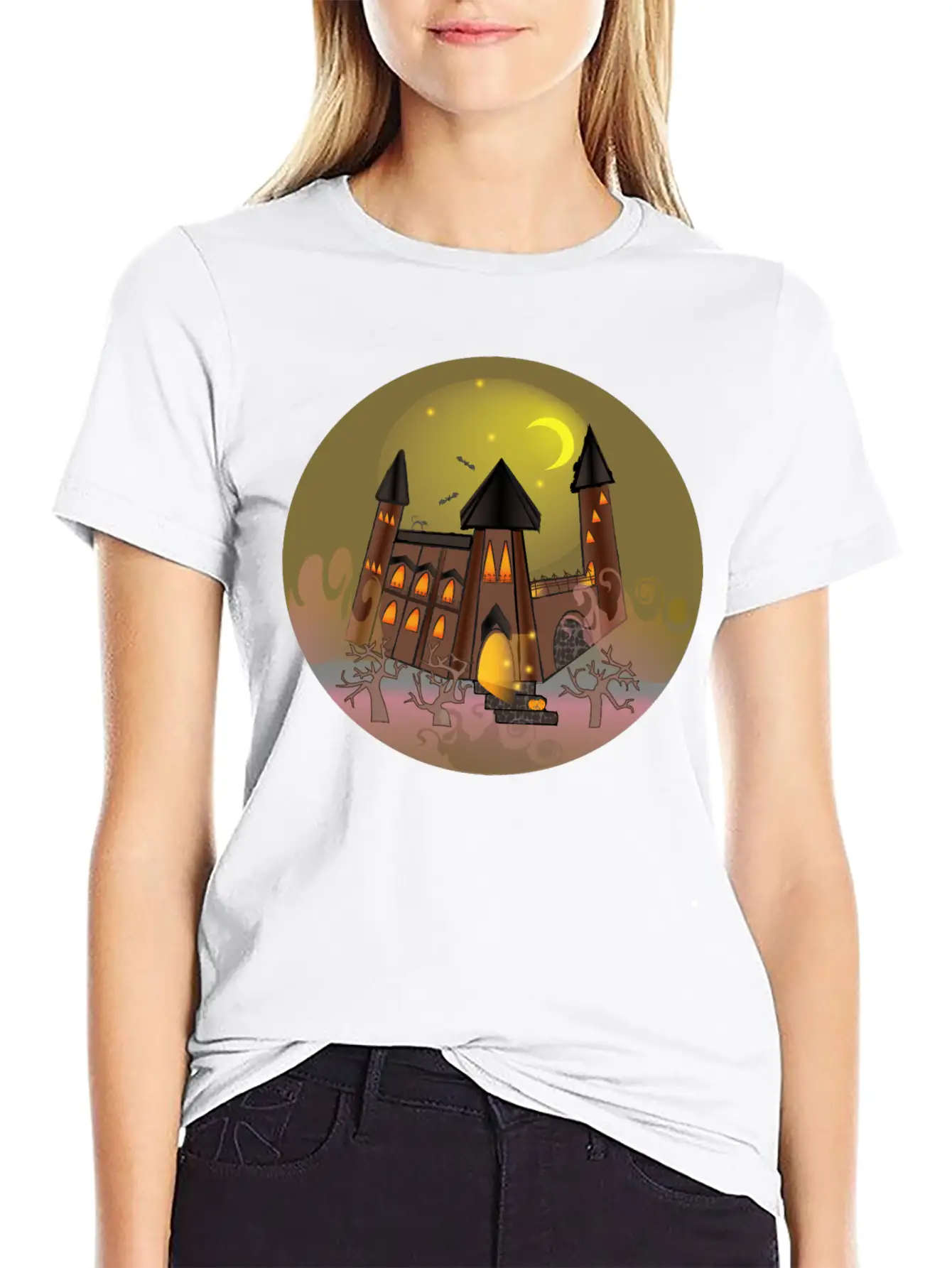 Scary Halloween Witch House And Pumpkin Breathable Soft Cotton T-Shirt – Timeless Casual Look