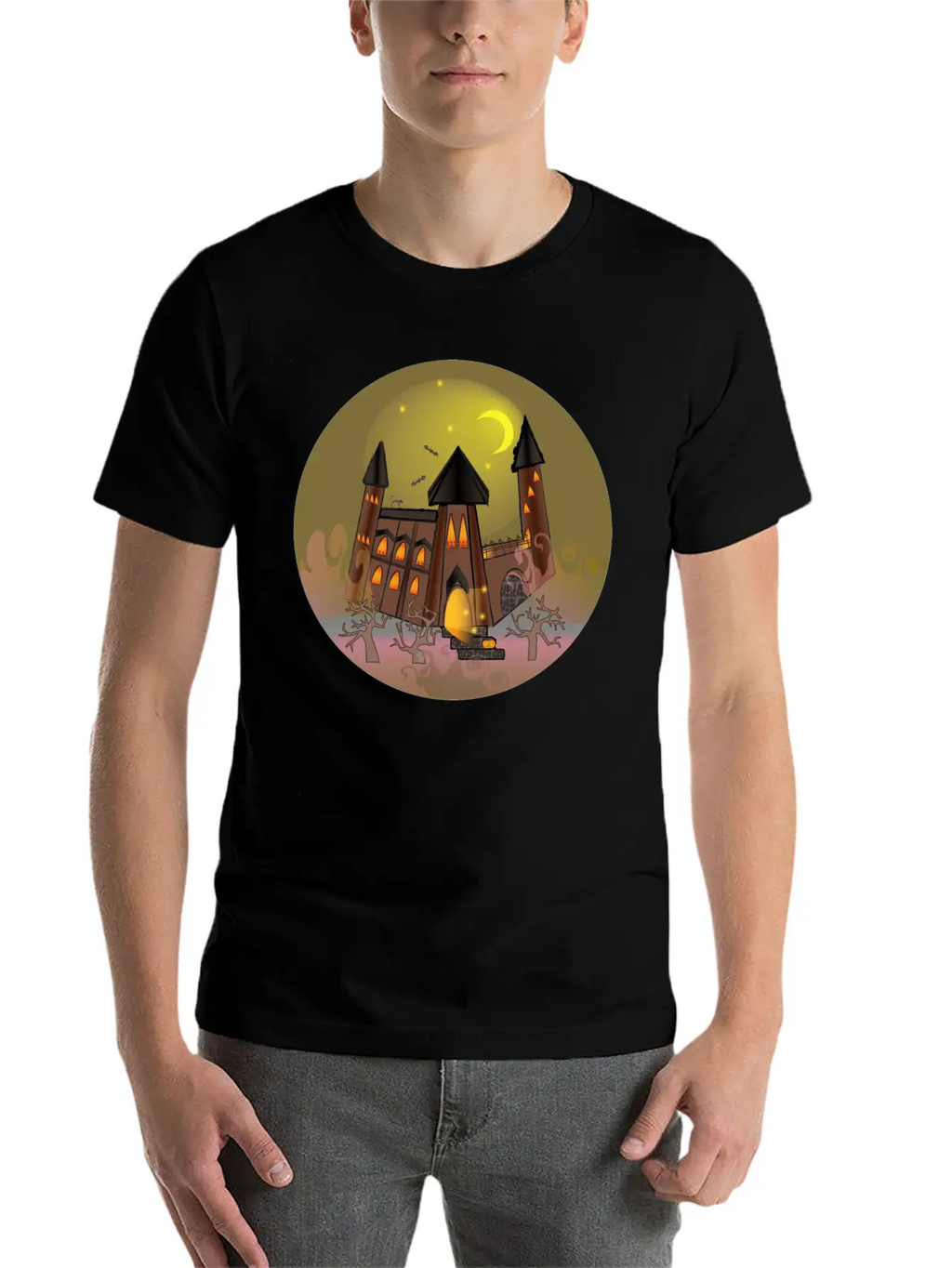 Scary Halloween Witch House And Pumpkin Breathable Soft Cotton T-Shirt – Timeless Casual Look