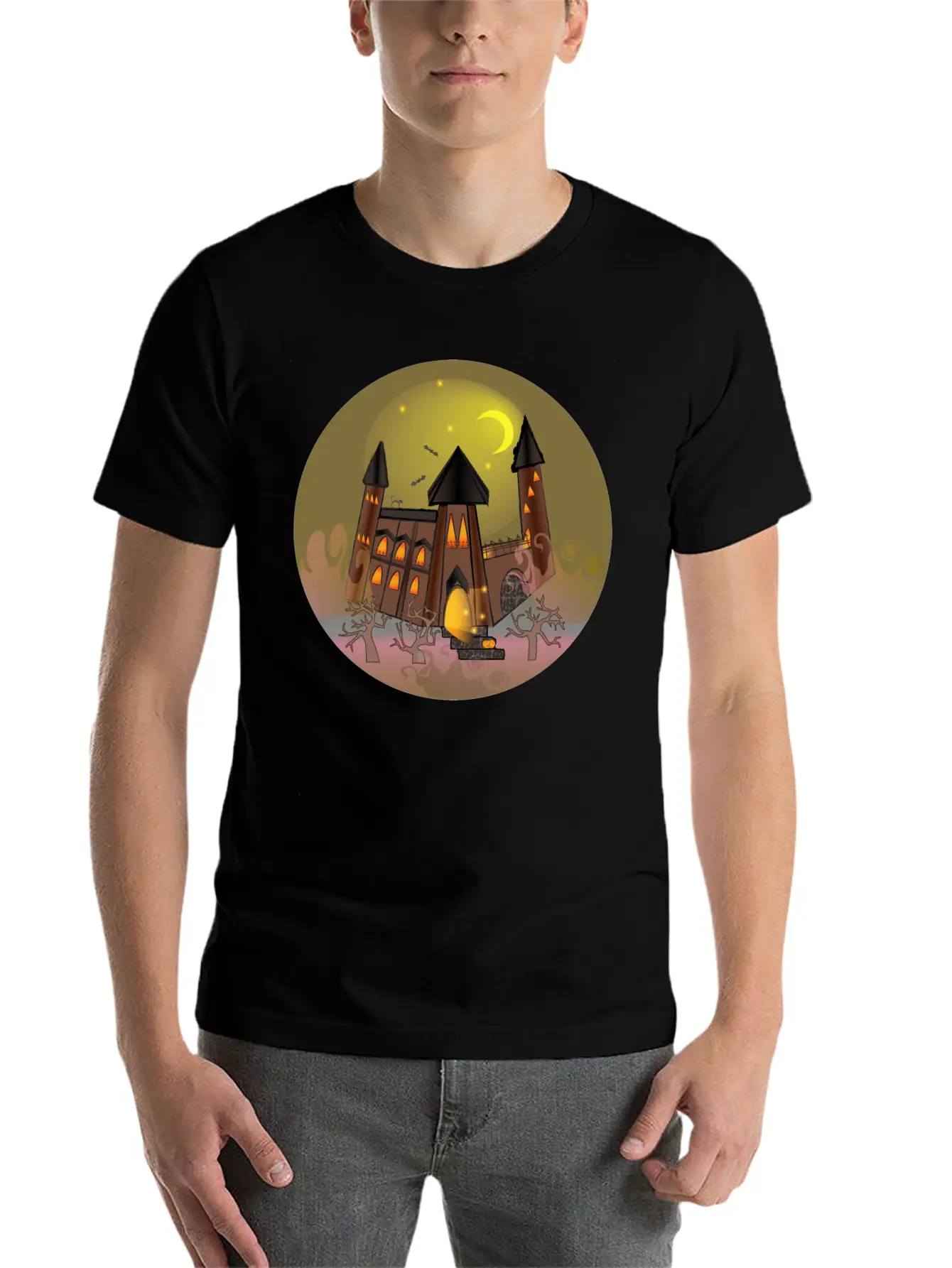 Scary Halloween Witch House And Pumpkin Breathable Soft Cotton T-Shirt – Timeless Casual Look