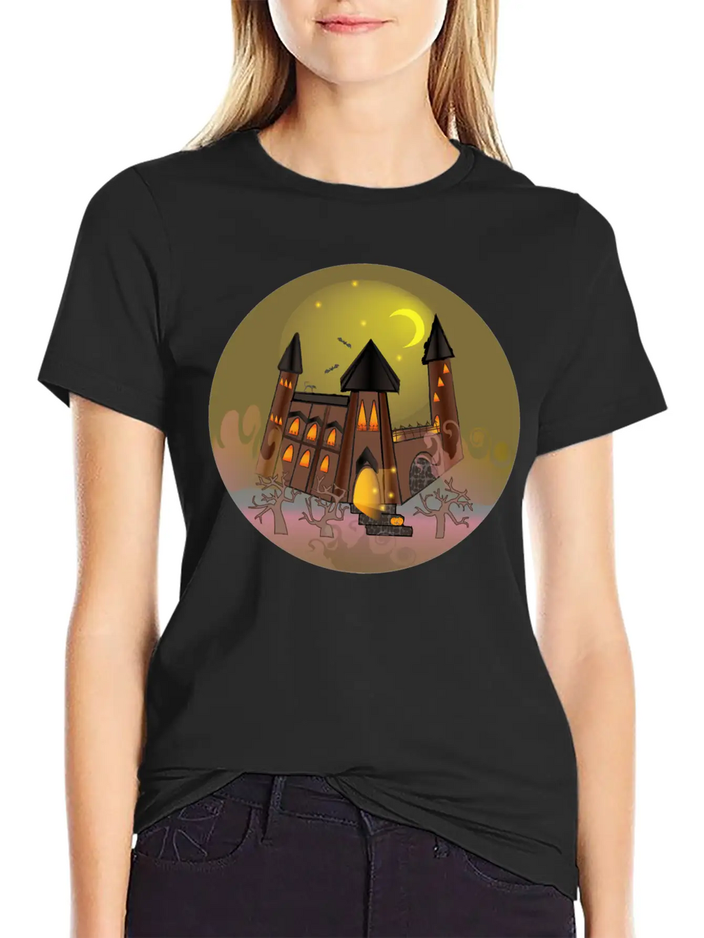 Scary Halloween Witch House And Pumpkin Breathable Soft Cotton T-Shirt – Timeless Casual Look