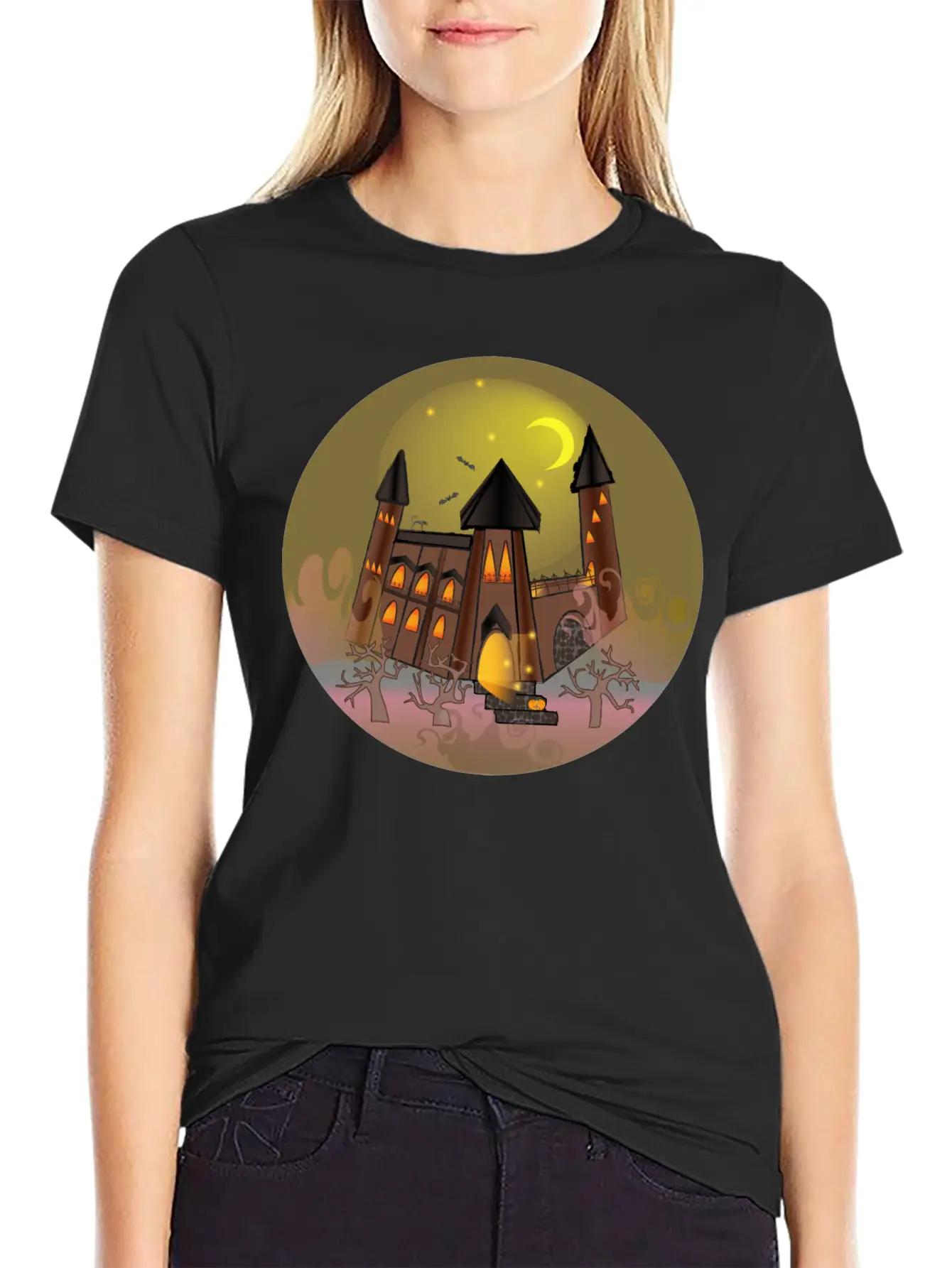 Scary Halloween Witch House And Pumpkin Breathable Soft Cotton T-Shirt – Timeless Casual Look