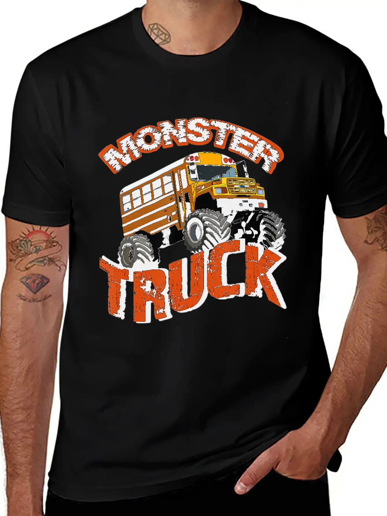 School Bus Monster Truck Orange Rally Artwork Basic Graphic T-Shirt – Daily Comfort In Soft Cotton