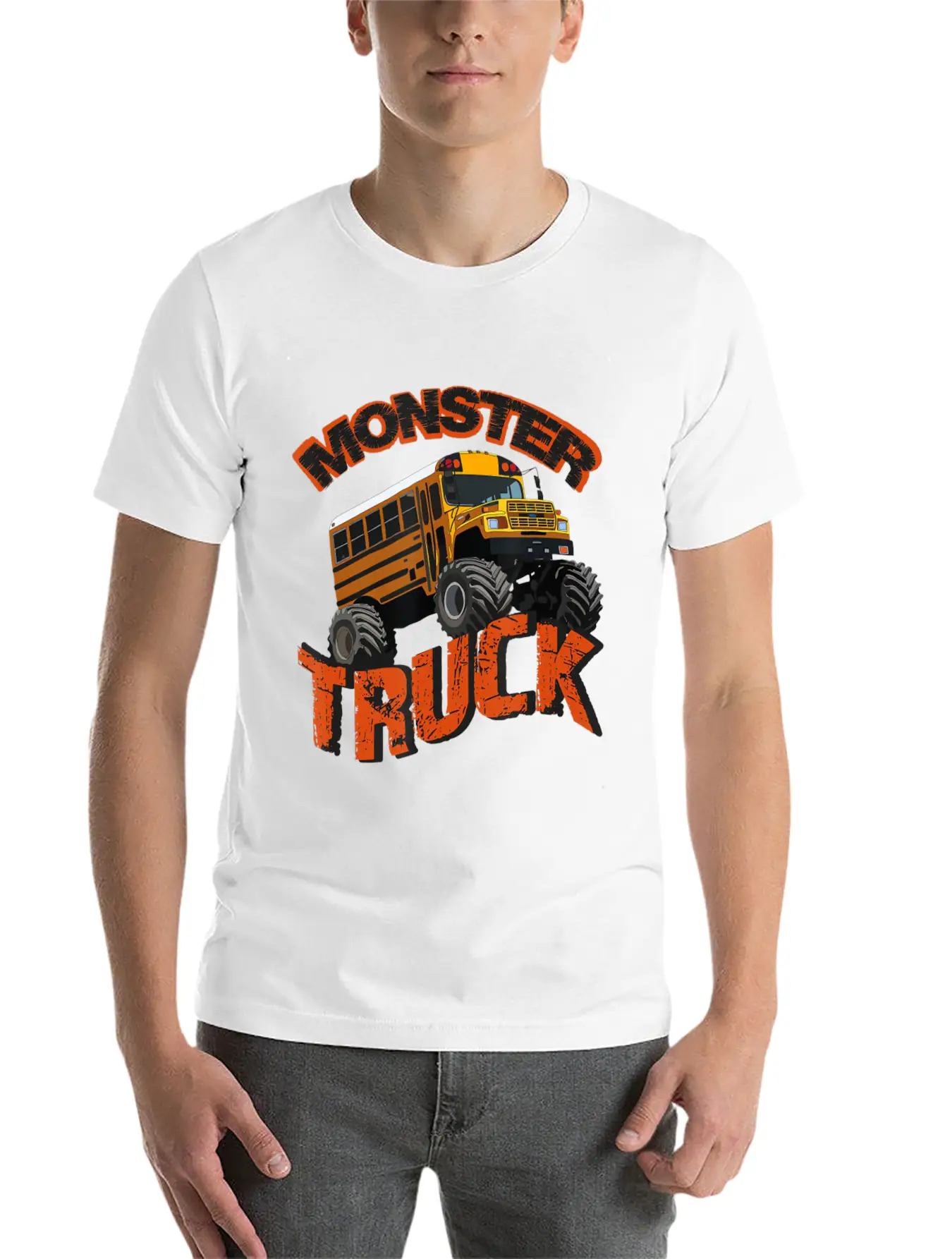 School Bus Monster Truck Orange Rally Artwork Basic Graphic T-Shirt – Daily Comfort In Soft Cotton