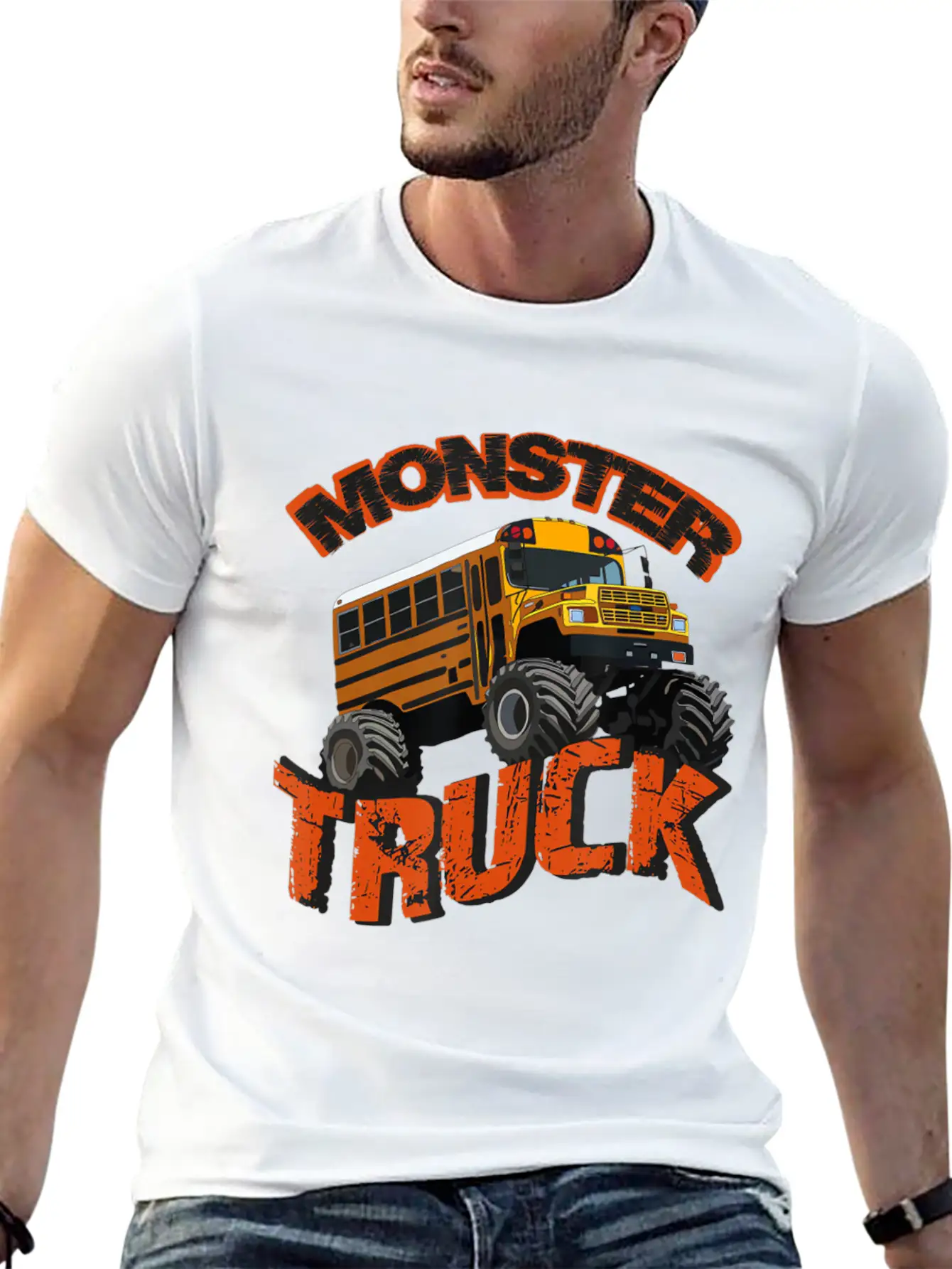 School Bus Monster Truck Orange Rally Artwork Basic Graphic T-Shirt – Daily Comfort In Soft Cotton