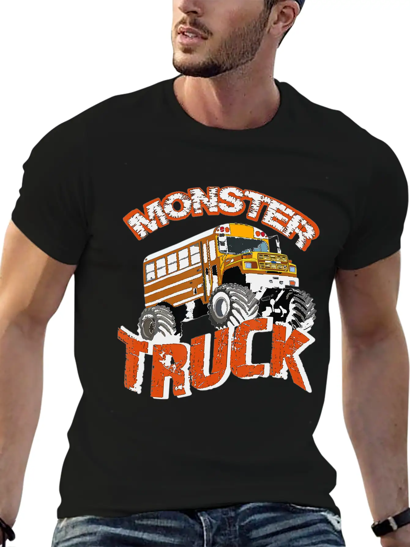 School Bus Monster Truck Orange Rally Artwork Basic Graphic T-Shirt – Daily Comfort In Soft Cotton