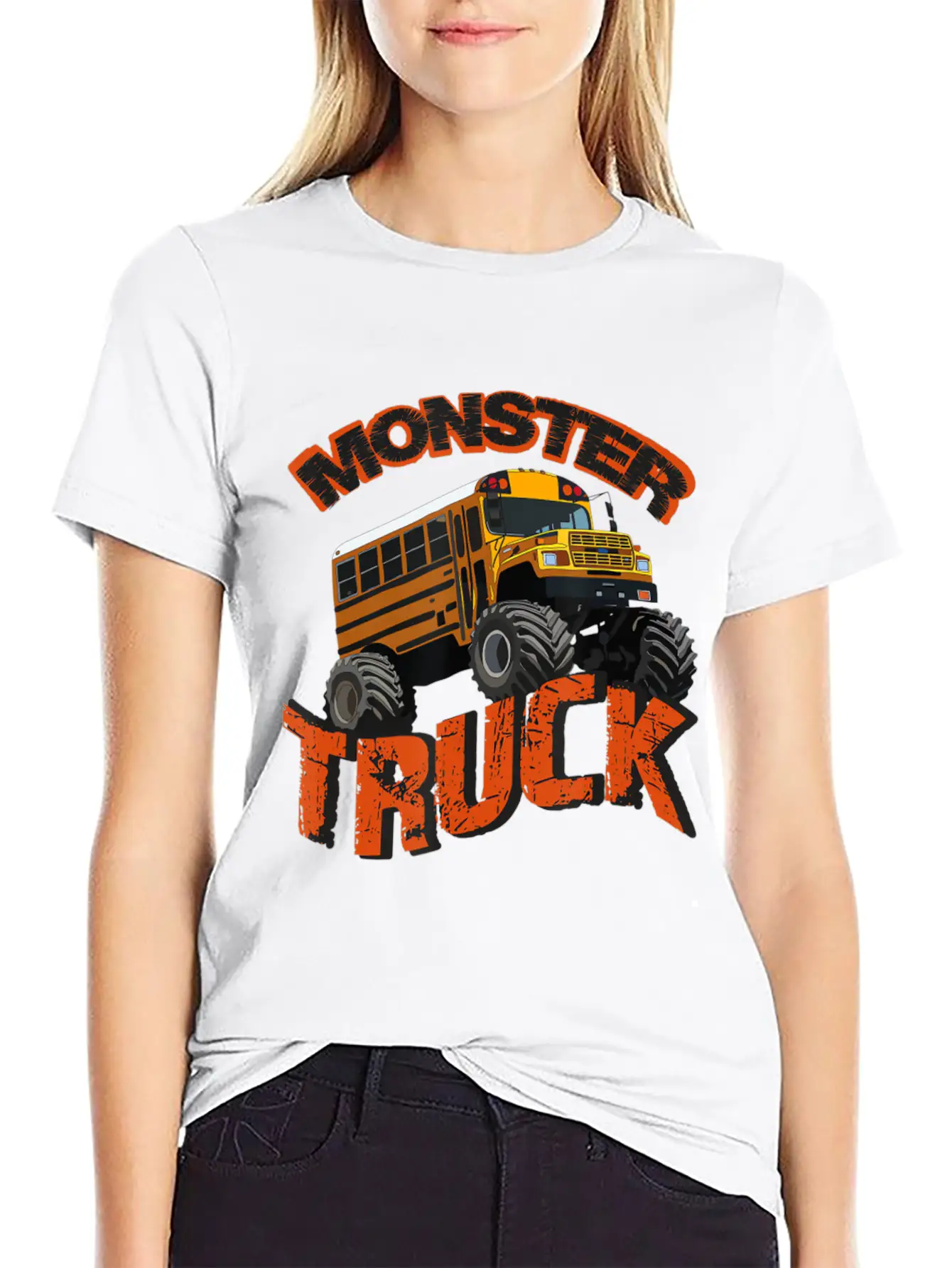 School Bus Monster Truck Orange Rally Artwork Basic Graphic T-Shirt – Daily Comfort In Soft Cotton