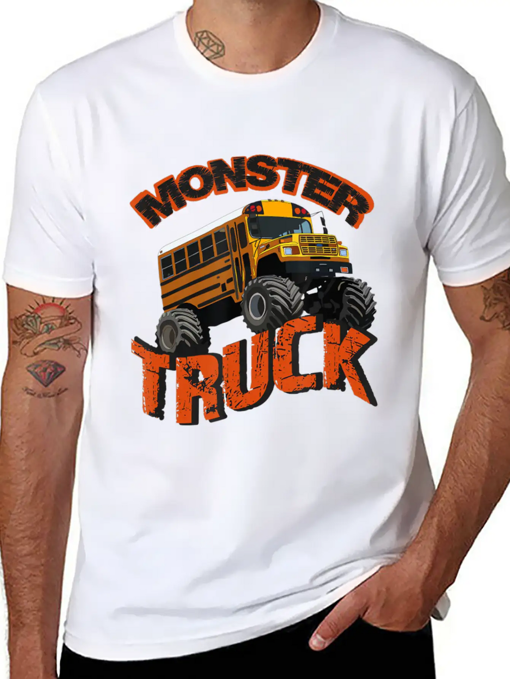 School Bus Monster Truck Orange Rally Artwork Basic Graphic T-Shirt – Daily Comfort In Soft Cotton