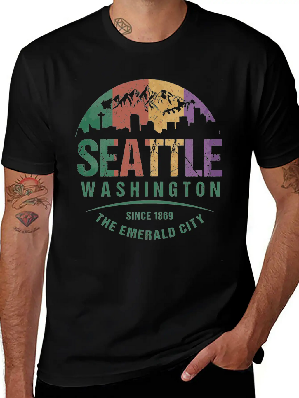 Seattle Washington City Skyline Grunge Art Retro W Unisex Casual T-Shirt – Clean Design For Daily Comfort