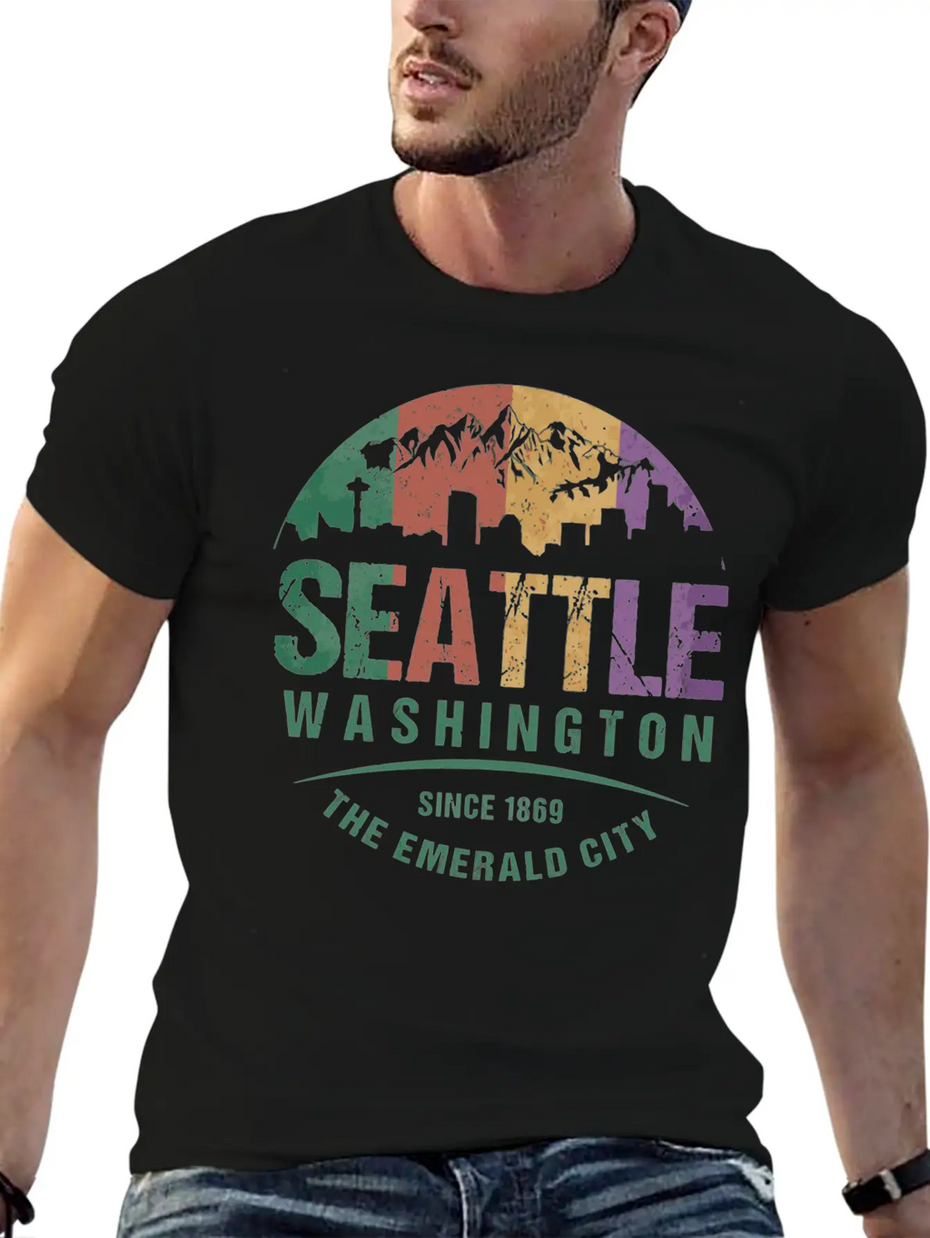 Seattle Washington City Skyline Grunge Art Retro W Unisex Casual T-Shirt – Clean Design For Daily Comfort