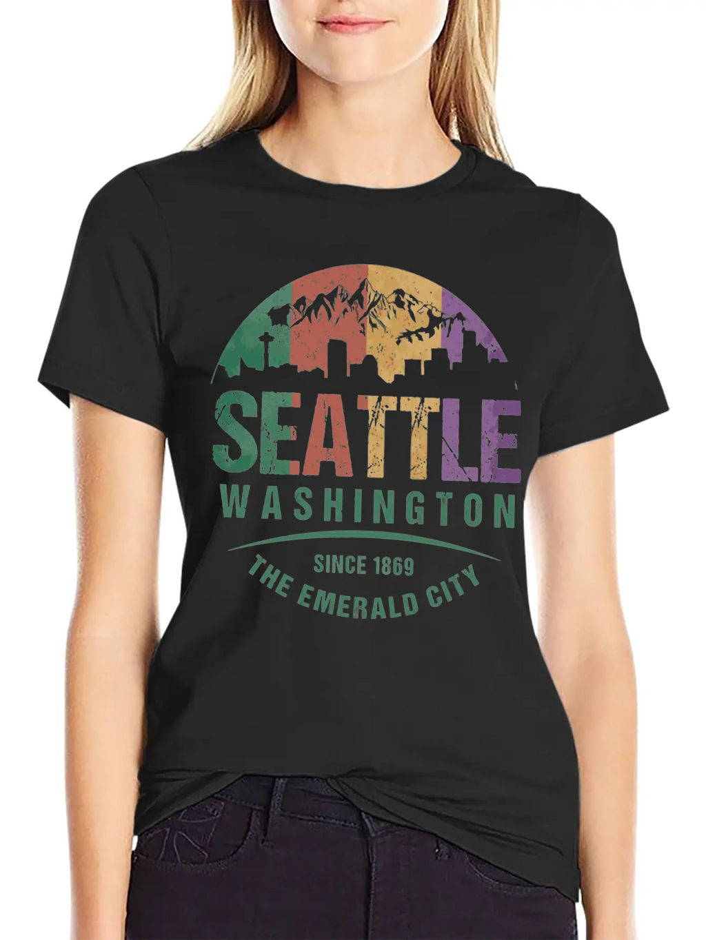 Seattle Washington City Skyline Grunge Art Retro W Unisex Casual T-Shirt – Clean Design For Daily Comfort