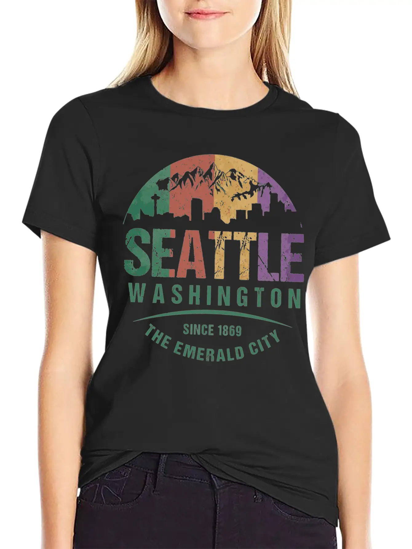 Seattle Washington City Skyline Grunge Art Retro W Unisex Casual T-Shirt – Clean Design For Daily Comfort