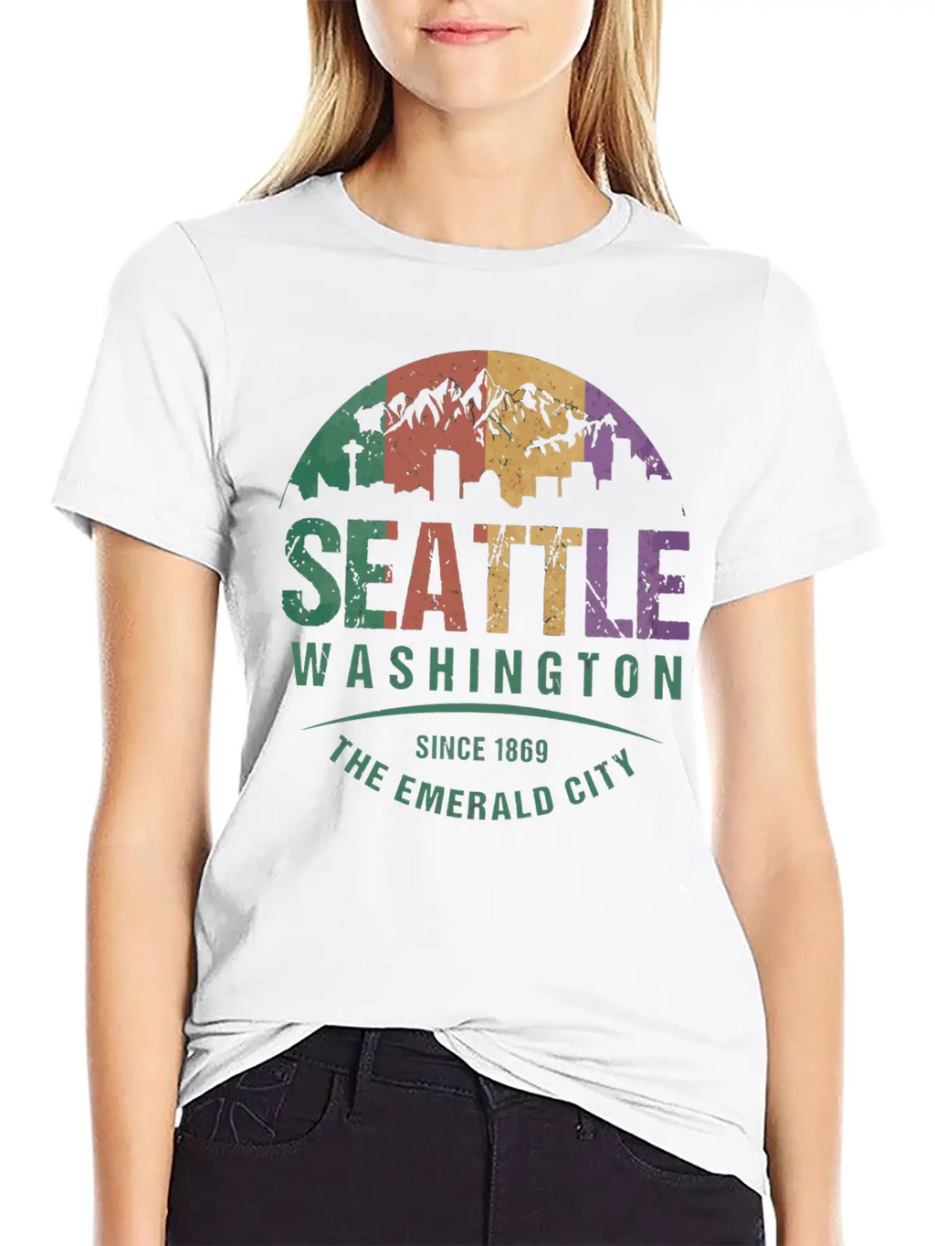 Seattle Washington City Skyline Grunge Art Retro W Unisex Casual T-Shirt – Clean Design For Daily Comfort