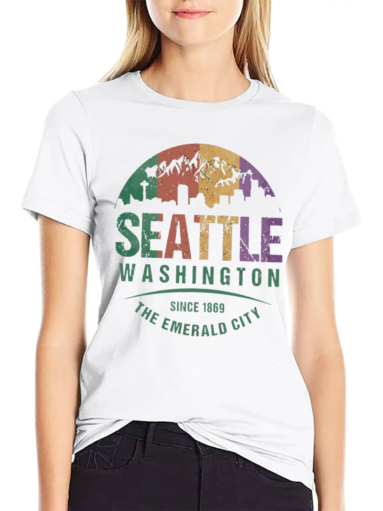 Seattle Washington City Skyline Grunge Art Retro W Unisex Casual T-Shirt – Clean Design For Daily Comfort