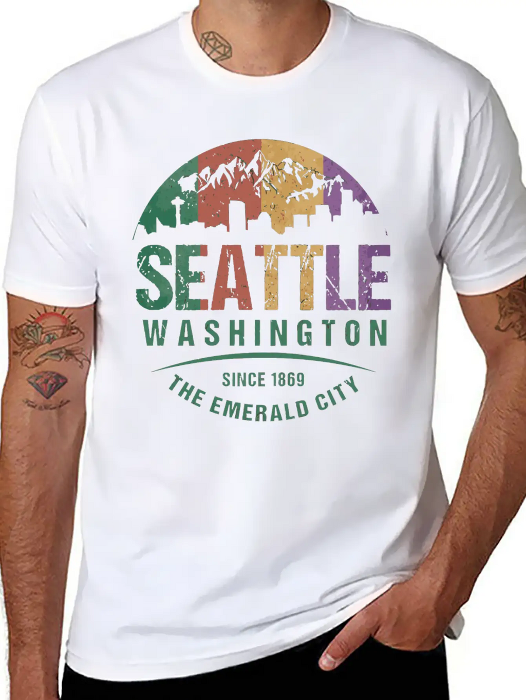 Seattle Washington City Skyline Grunge Art Retro W Unisex Casual T-Shirt – Clean Design For Daily Comfort