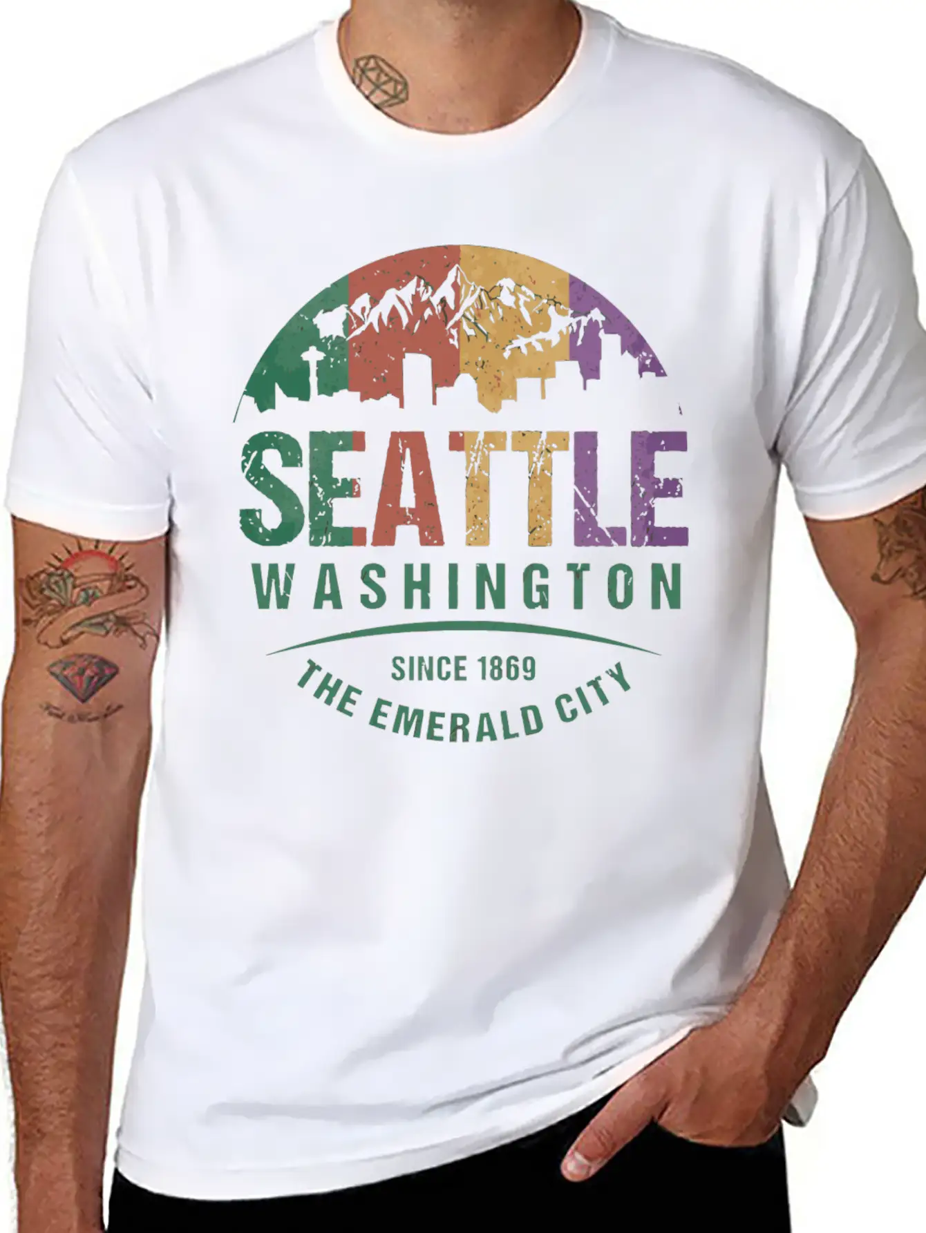 Seattle Washington City Skyline Grunge Art Retro W Unisex Casual T-Shirt – Clean Design For Daily Comfort
