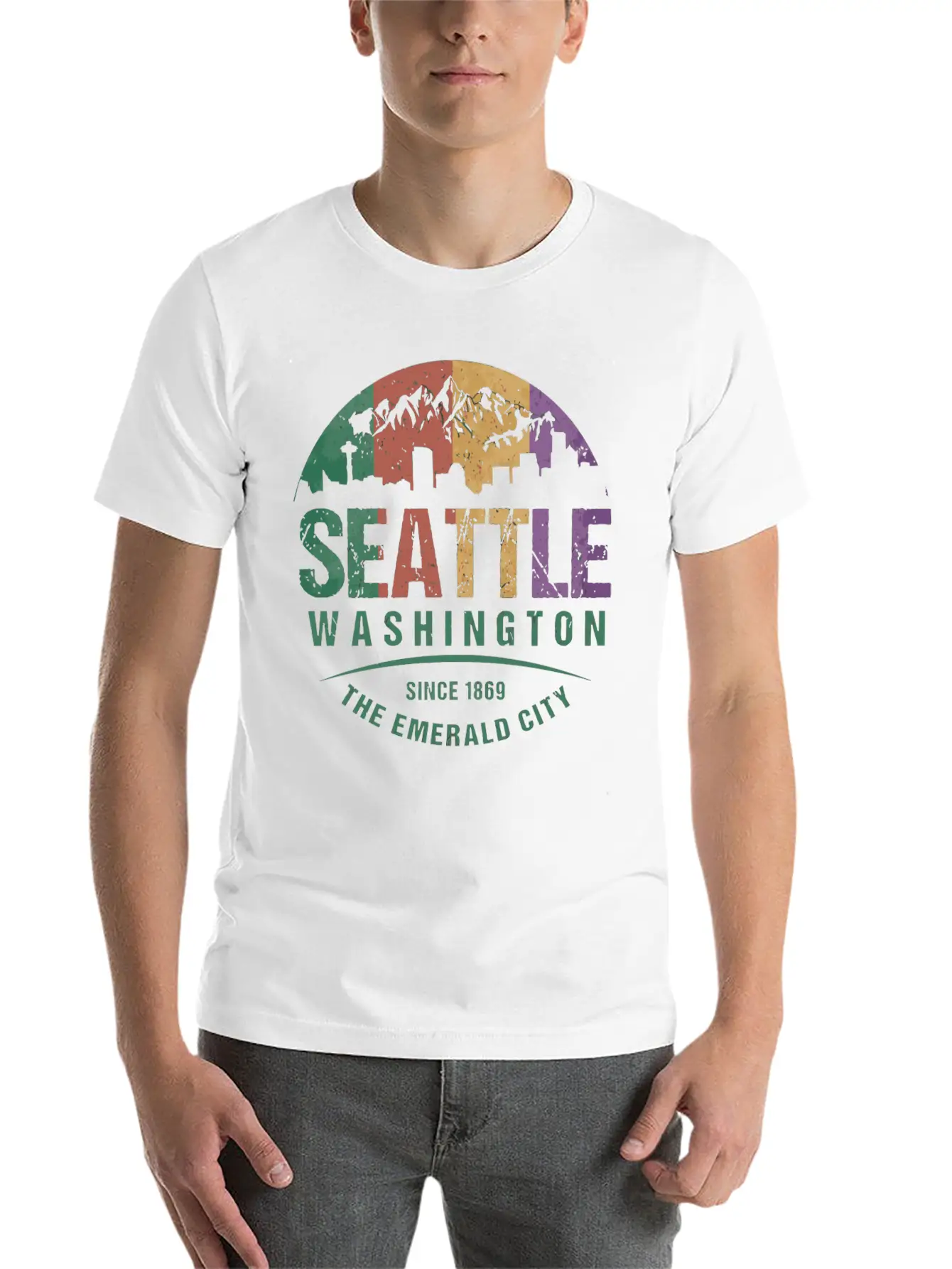 Seattle Washington City Skyline Grunge Art Retro W Unisex Casual T-Shirt – Clean Design For Daily Comfort