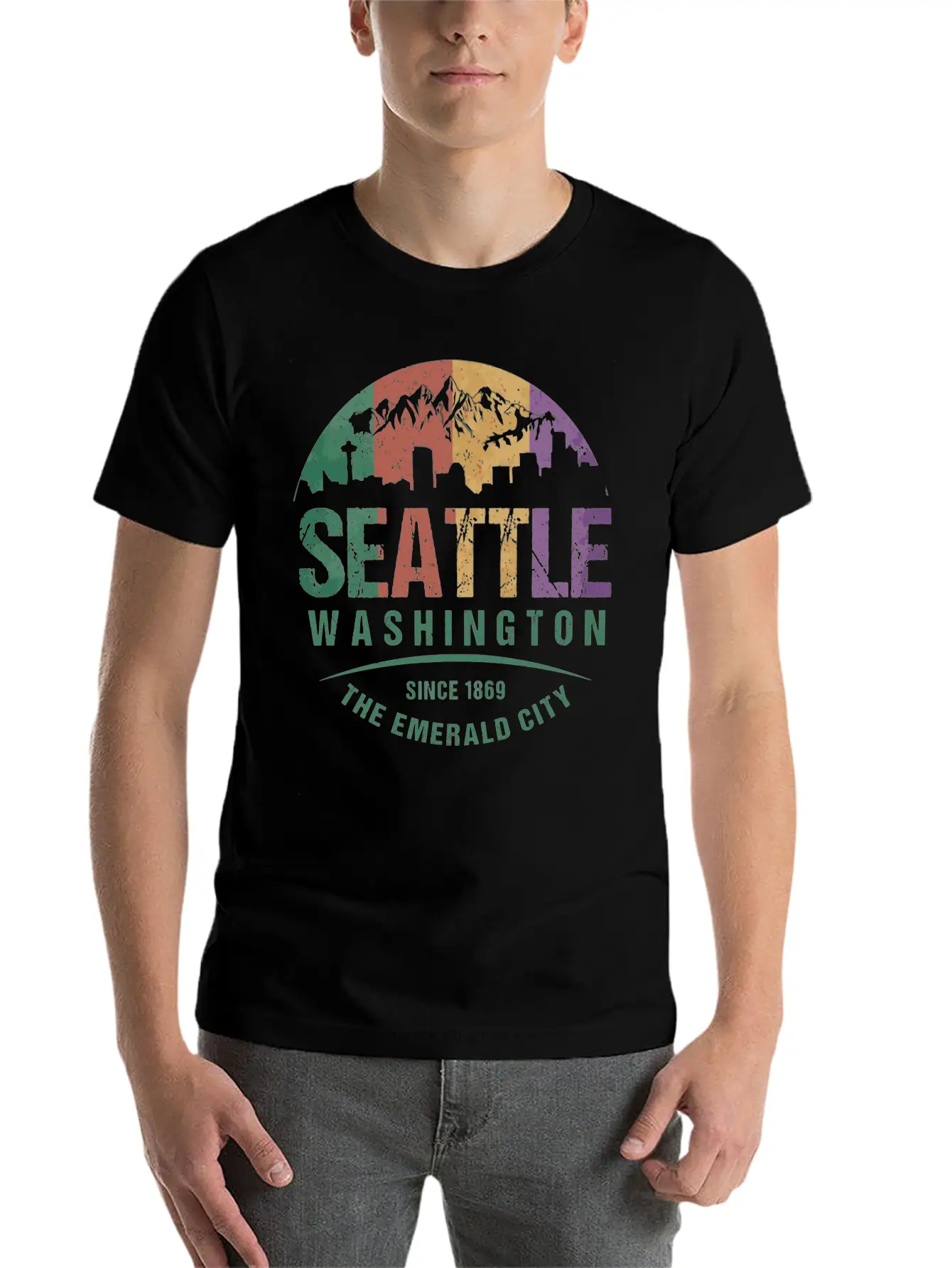 Seattle Washington City Skyline Grunge Art Retro W Unisex Casual T-Shirt – Clean Design For Daily Comfort