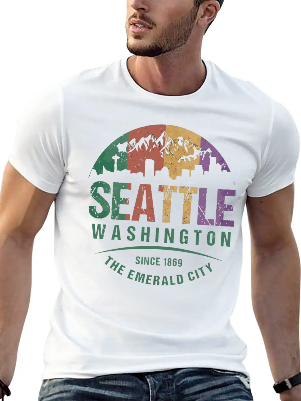 Seattle Washington City Skyline Grunge Art Retro W Unisex Casual T-Shirt – Clean Design For Daily Comfort