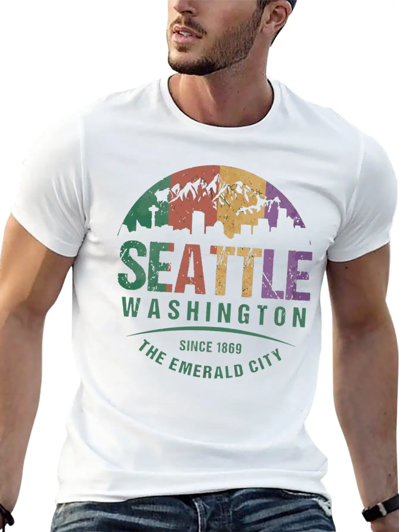 Seattle Washington City Skyline Grunge Art Retro W Unisex Casual T-Shirt – Clean Design For Daily Comfort