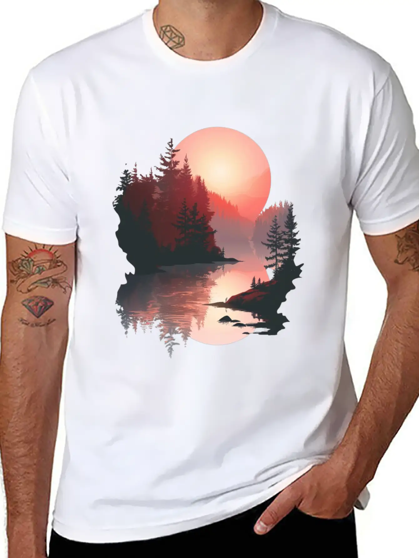 Serene Sunset Reflections In Nature Stylish Everyday T-Shirt – Unisex Basic Cotton Tee