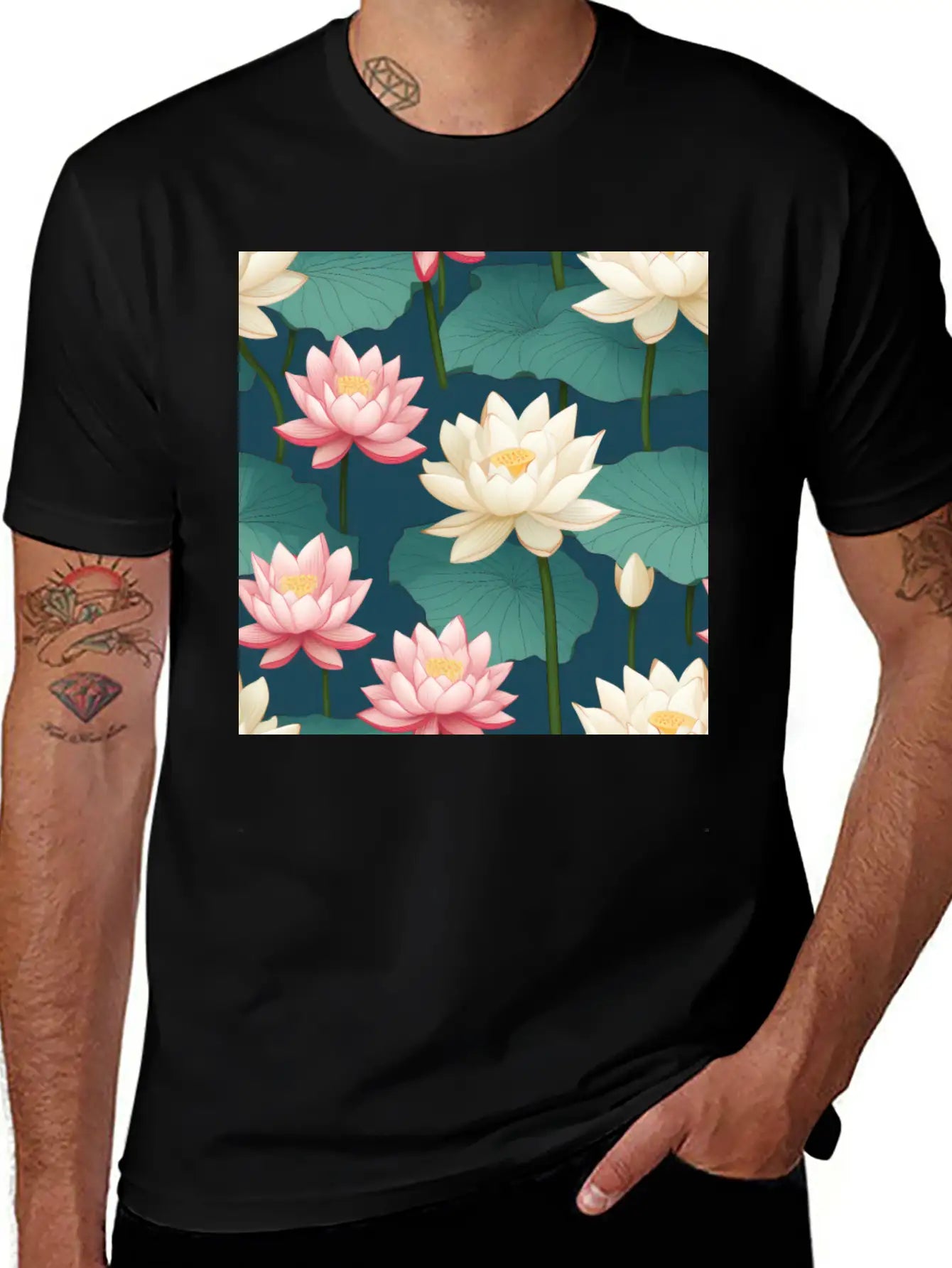 Serenity Blooms: Timeless Lotus Flower Pattern Breathable Soft Cotton T-Shirt – Timeless Casual Look