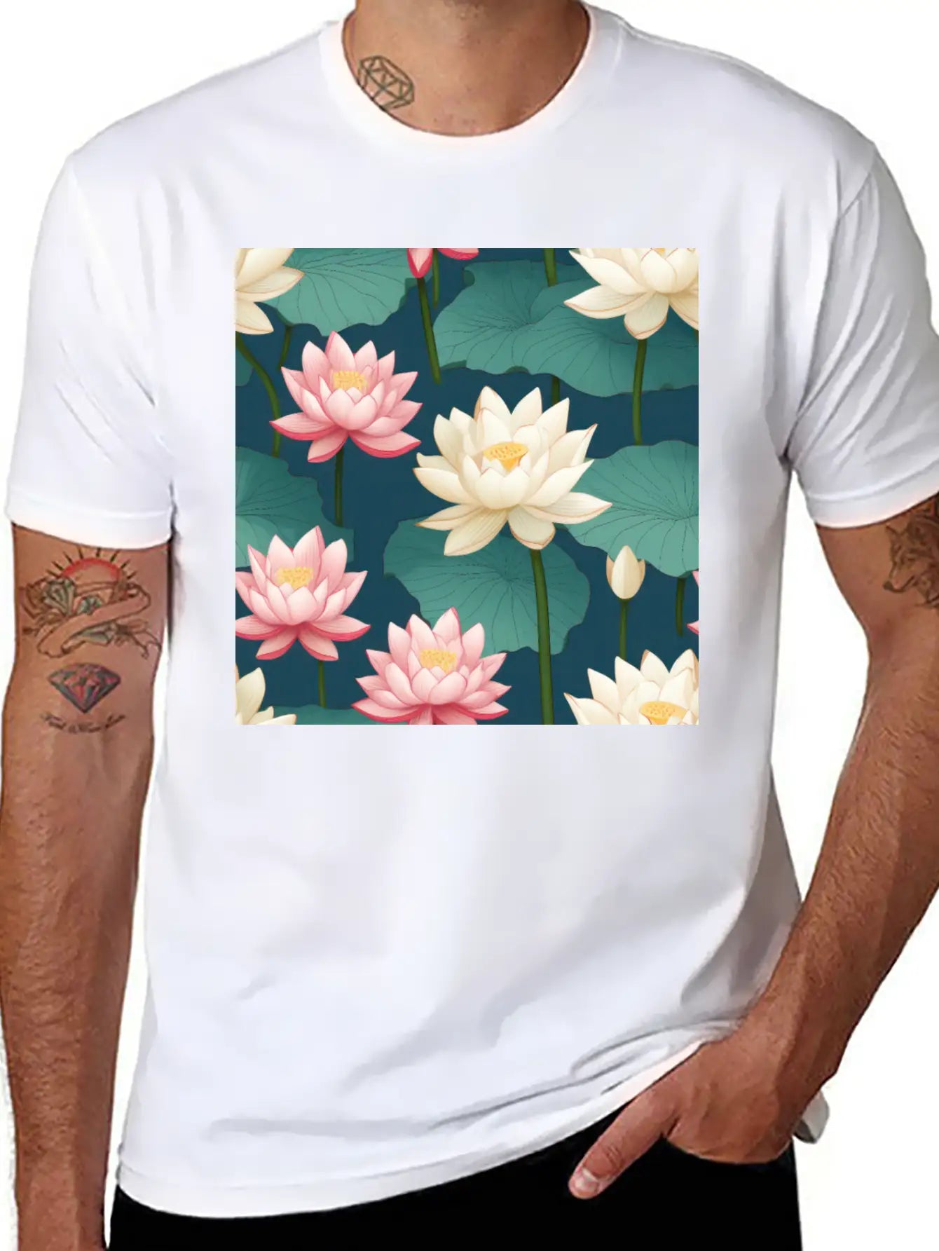 Serenity Blooms: Timeless Lotus Flower Pattern Breathable Soft Cotton T-Shirt – Timeless Casual Look
