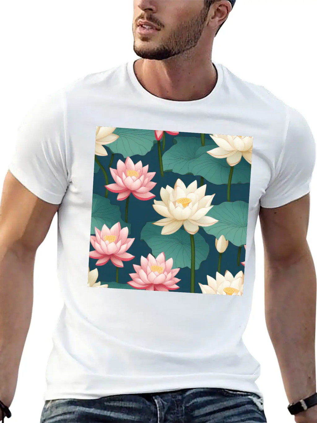 Serenity Blooms: Timeless Lotus Flower Pattern Breathable Soft Cotton T-Shirt – Timeless Casual Look