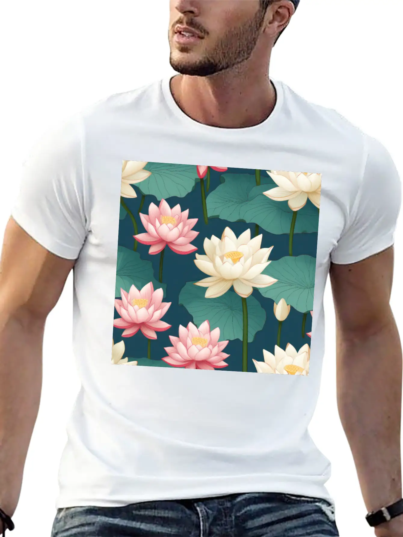 Serenity Blooms: Timeless Lotus Flower Pattern Breathable Soft Cotton T-Shirt – Timeless Casual Look