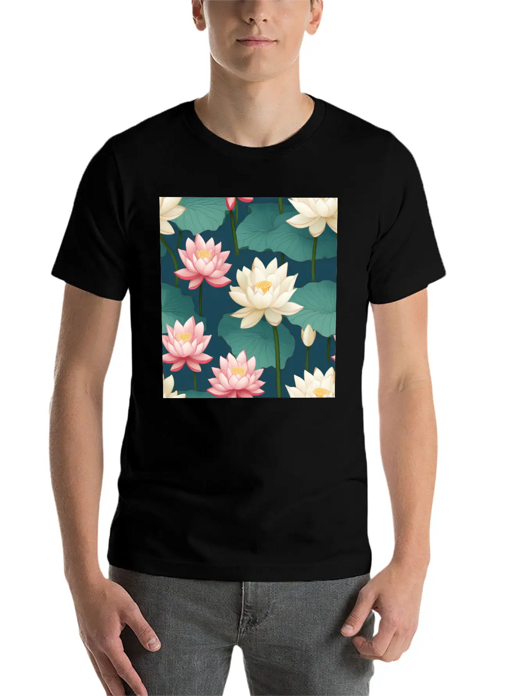 Serenity Blooms: Timeless Lotus Flower Pattern Breathable Soft Cotton T-Shirt – Timeless Casual Look