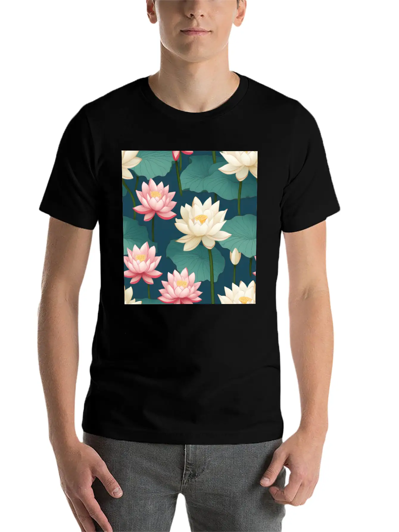 Serenity Blooms: Timeless Lotus Flower Pattern Breathable Soft Cotton T-Shirt – Timeless Casual Look
