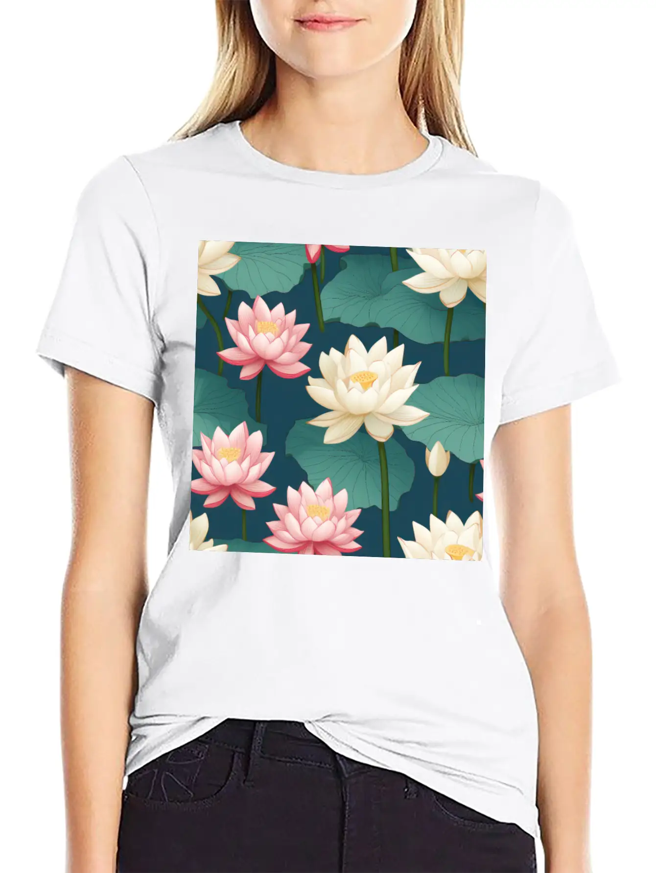 Serenity Blooms: Timeless Lotus Flower Pattern Breathable Soft Cotton T-Shirt – Timeless Casual Look