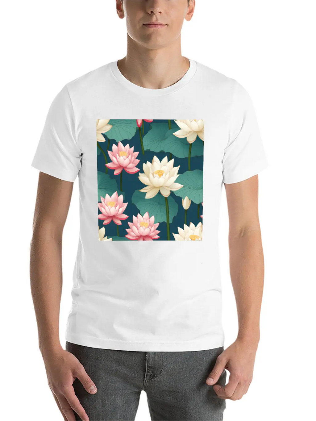 Serenity Blooms: Timeless Lotus Flower Pattern Breathable Soft Cotton T-Shirt – Timeless Casual Look