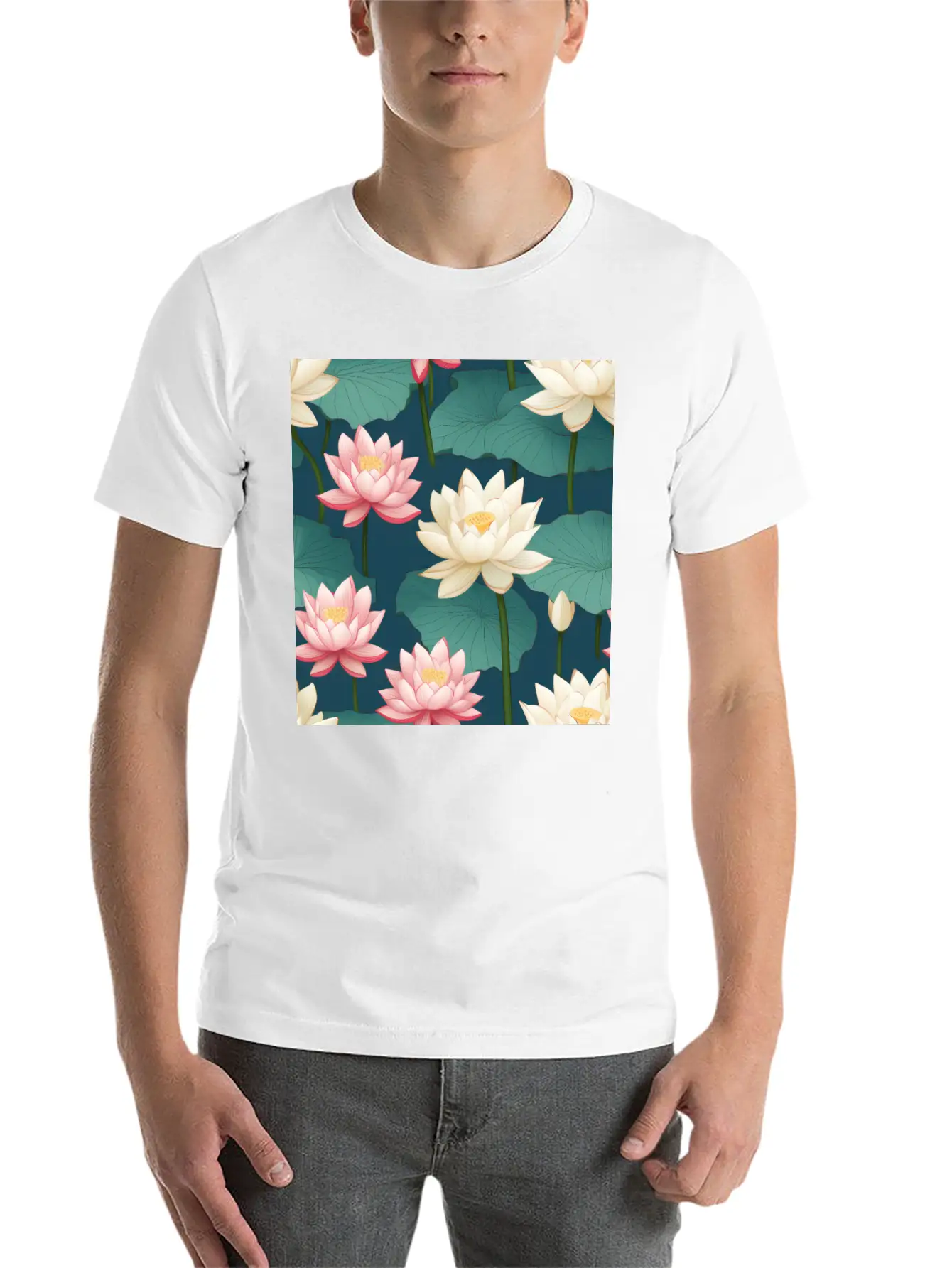 Serenity Blooms: Timeless Lotus Flower Pattern Breathable Soft Cotton T-Shirt – Timeless Casual Look