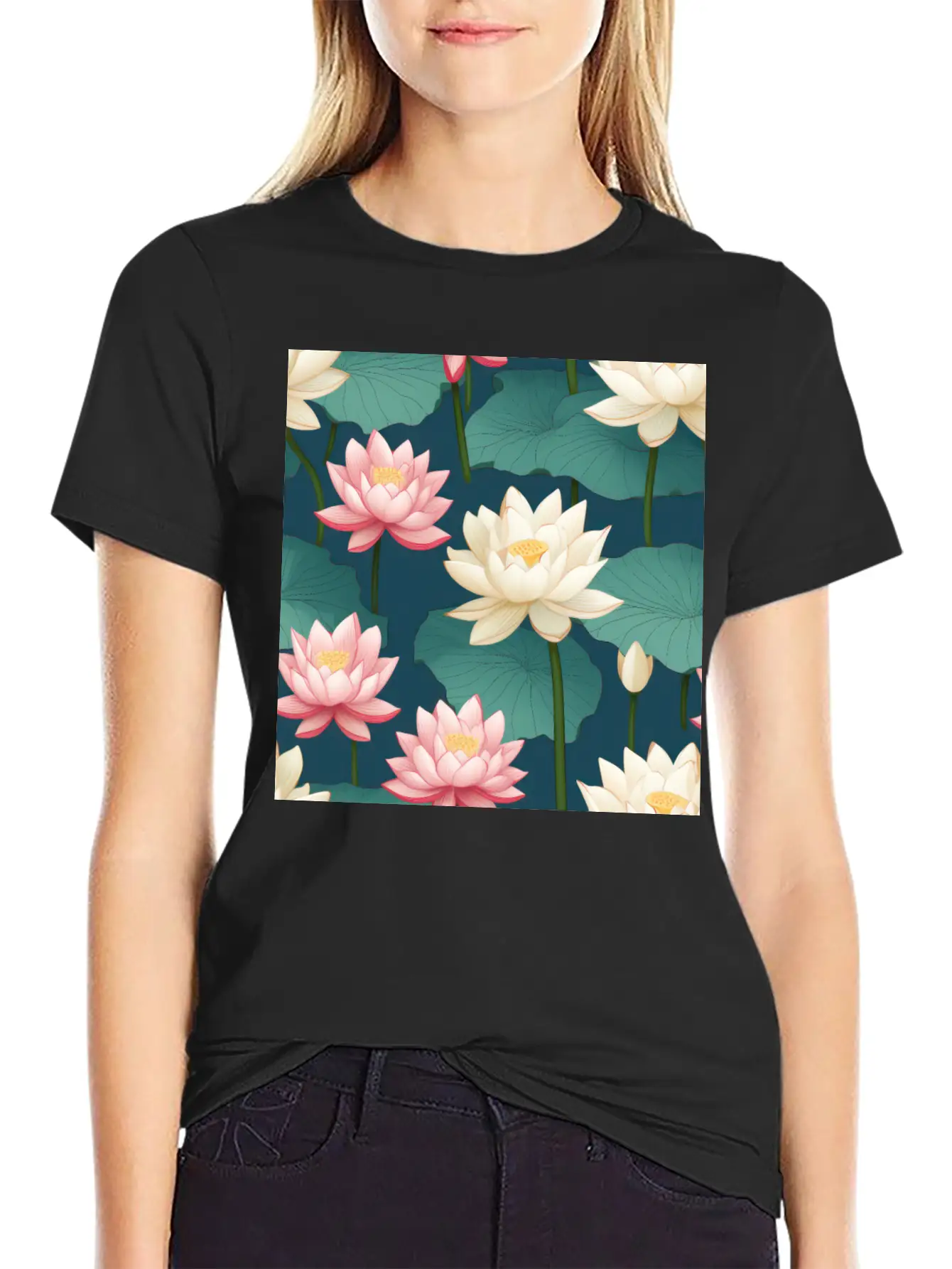 Serenity Blooms: Timeless Lotus Flower Pattern Breathable Soft Cotton T-Shirt – Timeless Casual Look