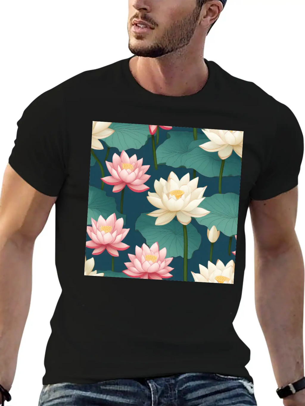 Serenity Blooms: Timeless Lotus Flower Pattern Breathable Soft Cotton T-Shirt – Timeless Casual Look