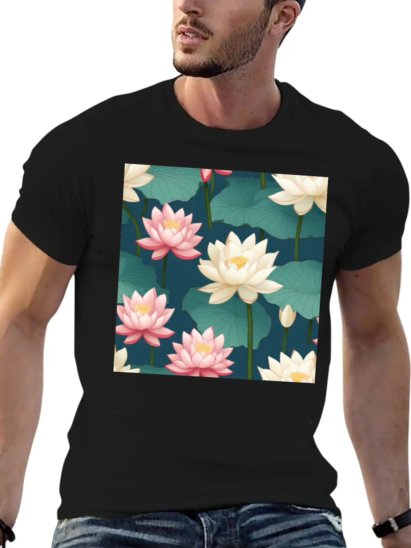 Serenity Blooms: Timeless Lotus Flower Pattern Breathable Soft Cotton T-Shirt – Timeless Casual Look