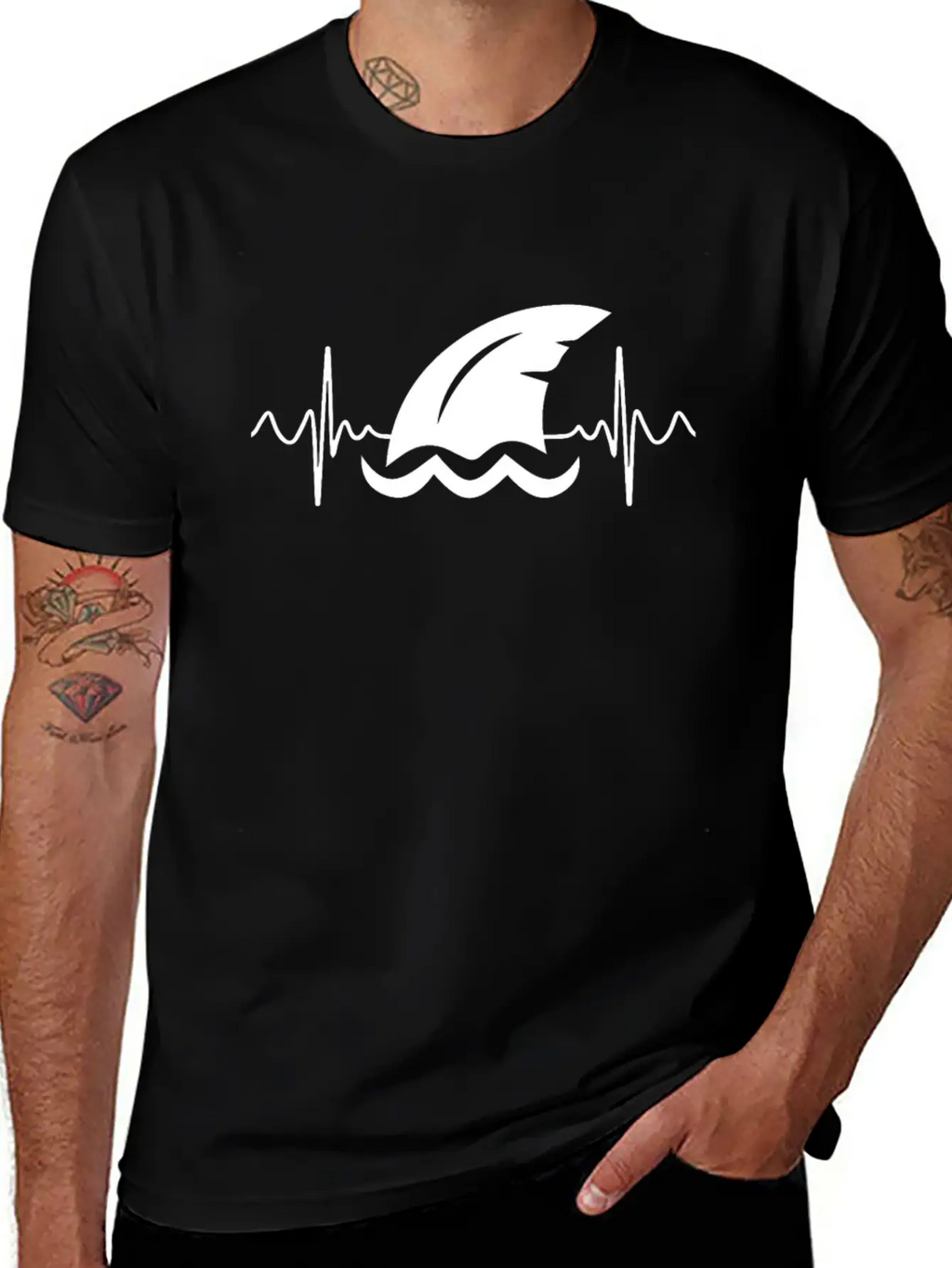 Shark Heart Line Diver Shark Fin Heartbeat Basic Graphic T-Shirt – Daily Comfort In Soft Cotton
