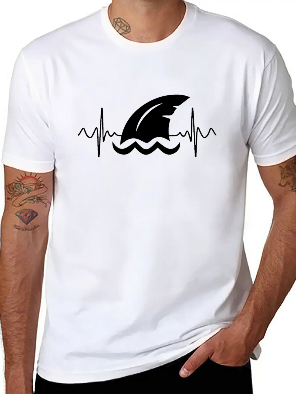 Shark Heart Line Diver Shark Fin Heartbeat Basic Graphic T-Shirt – Daily Comfort In Soft Cotton