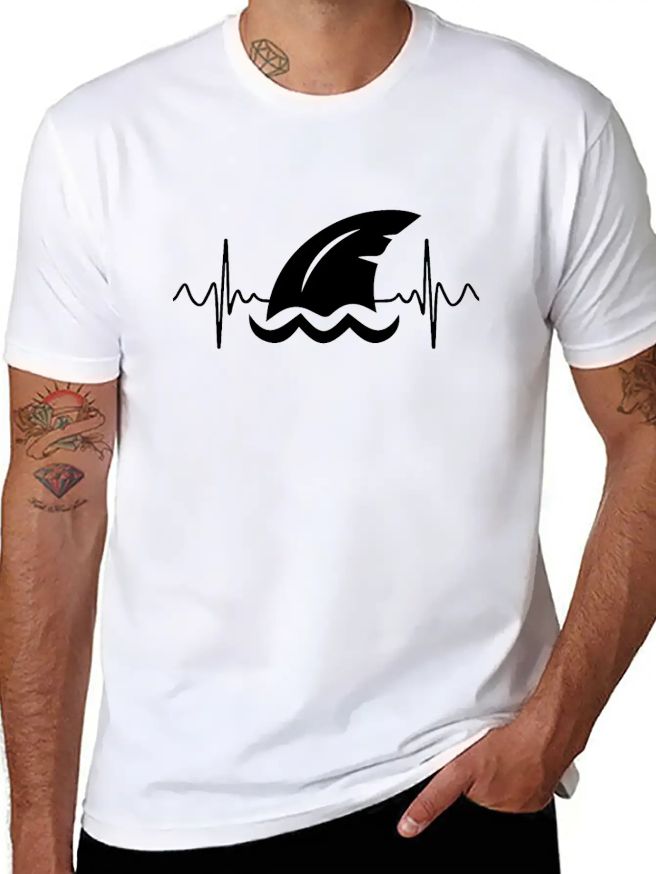 Shark Heart Line Diver Shark Fin Heartbeat Basic Graphic T-Shirt – Daily Comfort In Soft Cotton