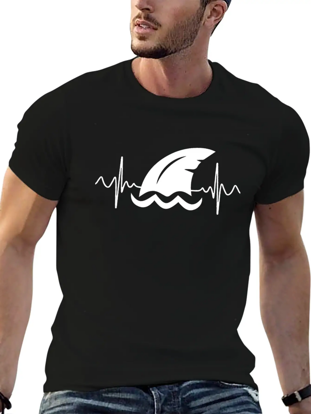 Shark Heart Line Diver Shark Fin Heartbeat Basic Graphic T-Shirt – Daily Comfort In Soft Cotton