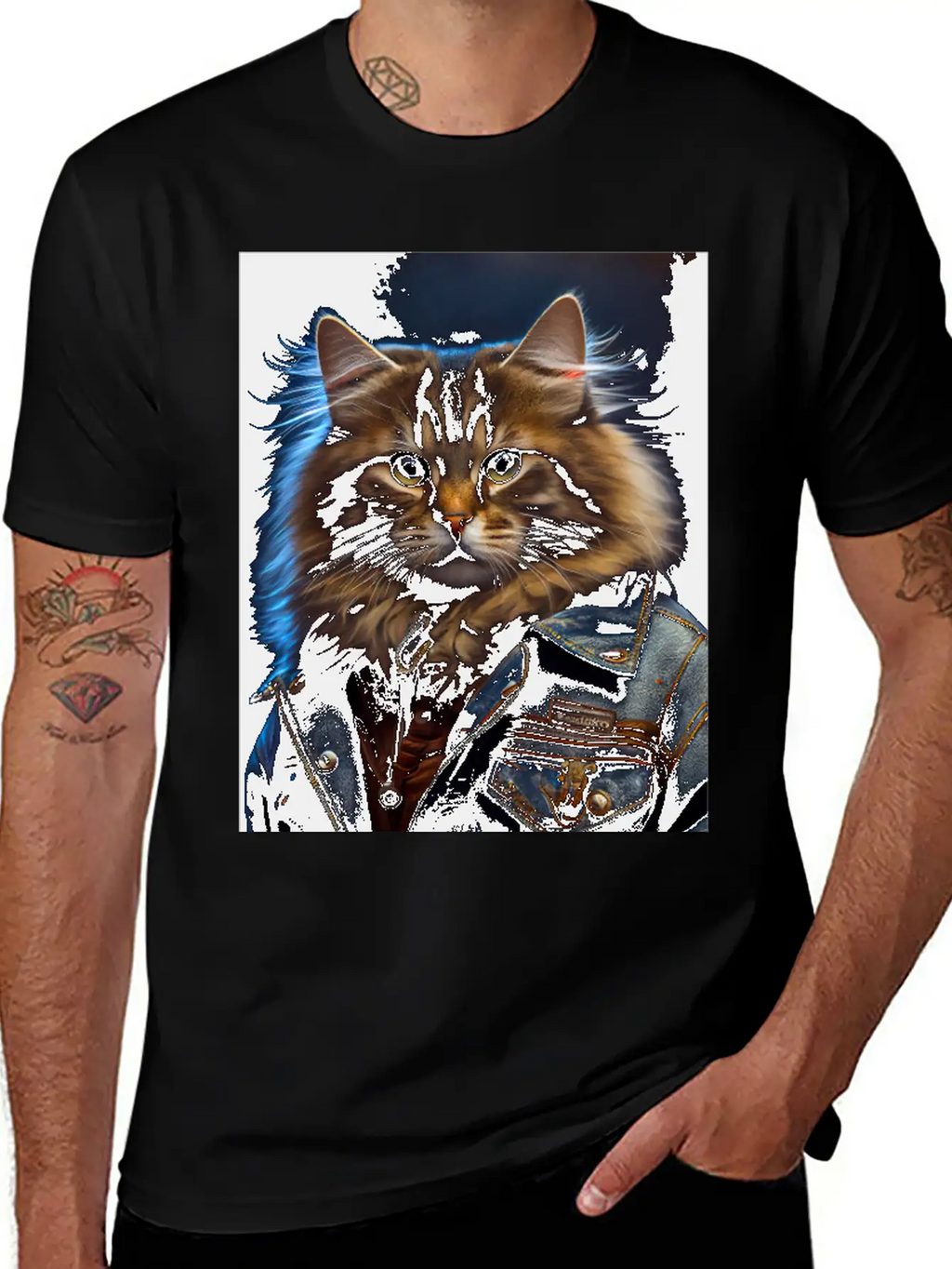 Siberian Cat Breed Portrait Wears A Leather Jacket Stylish Everyday T-Shirt – Unisex Basic Cotton Tee