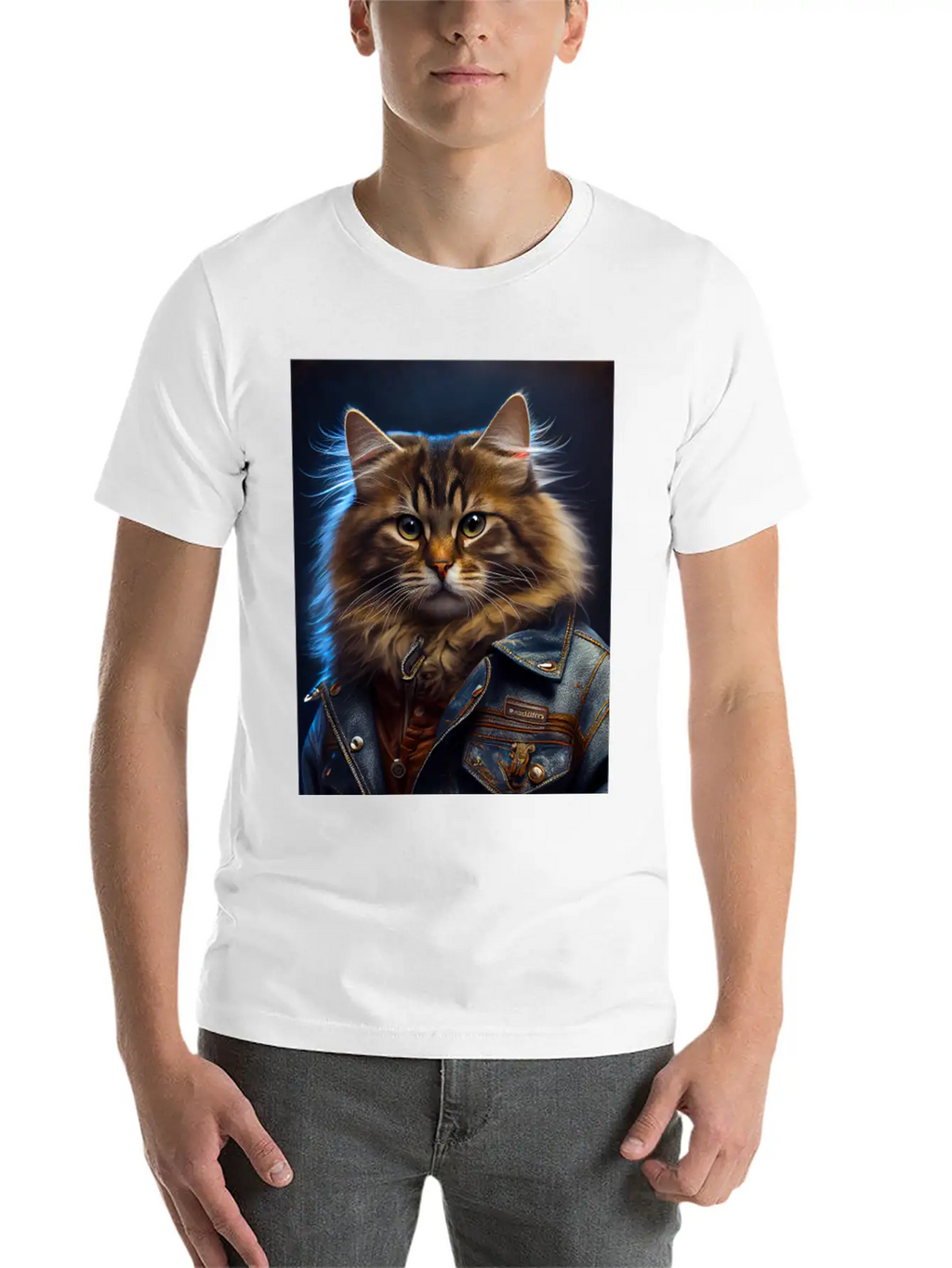Siberian Cat Breed Portrait Wears A Leather Jacket Stylish Everyday T-Shirt – Unisex Basic Cotton Tee