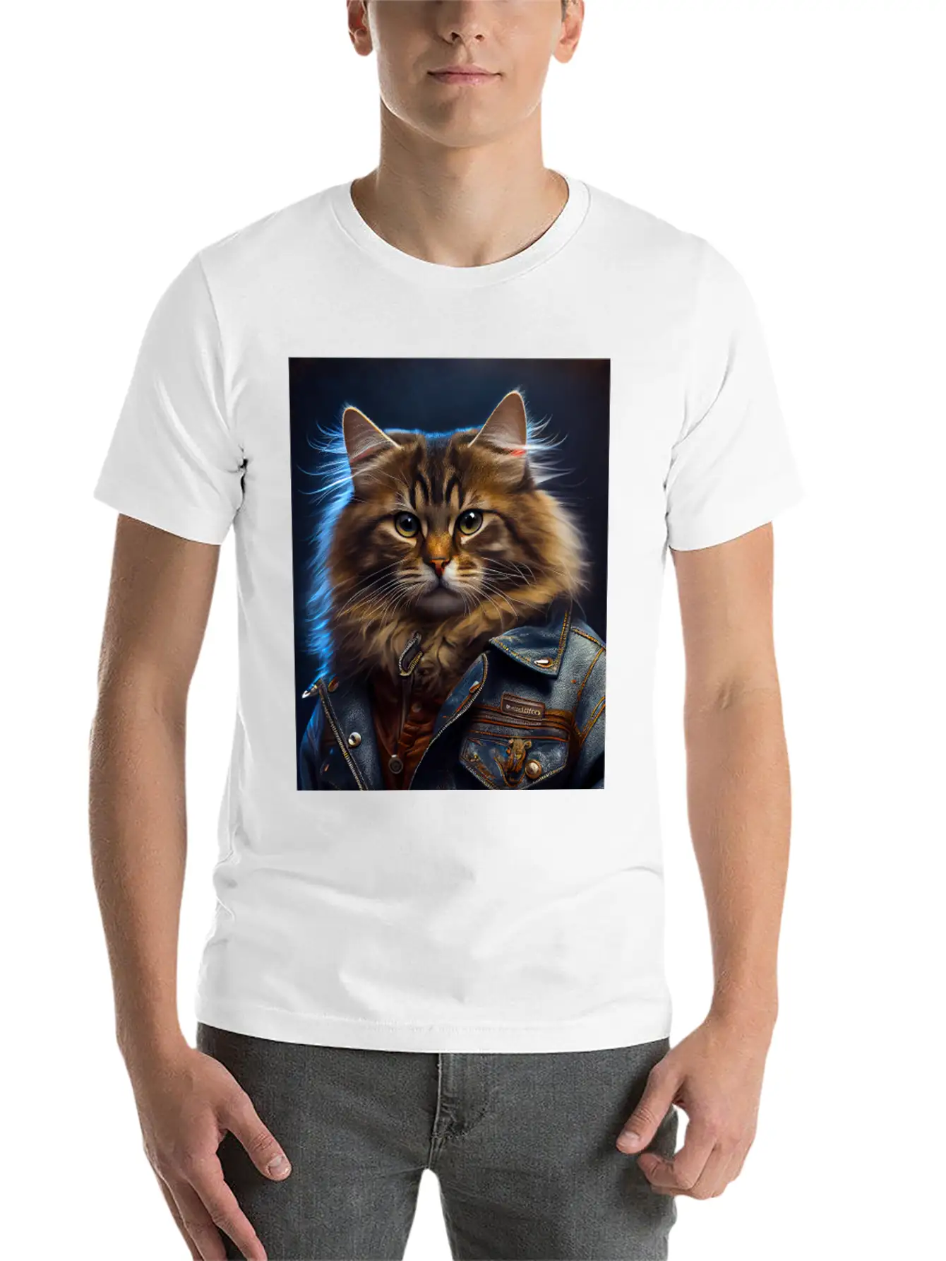 Siberian Cat Breed Portrait Wears A Leather Jacket Stylish Everyday T-Shirt – Unisex Basic Cotton Tee