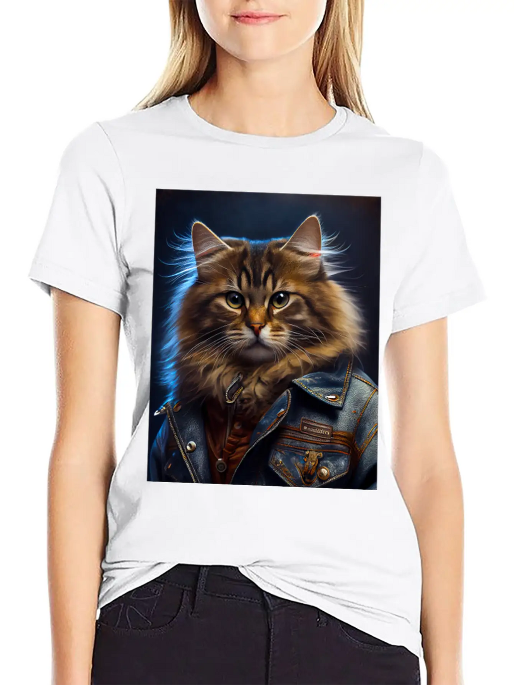Siberian Cat Breed Portrait Wears A Leather Jacket Stylish Everyday T-Shirt – Unisex Basic Cotton Tee