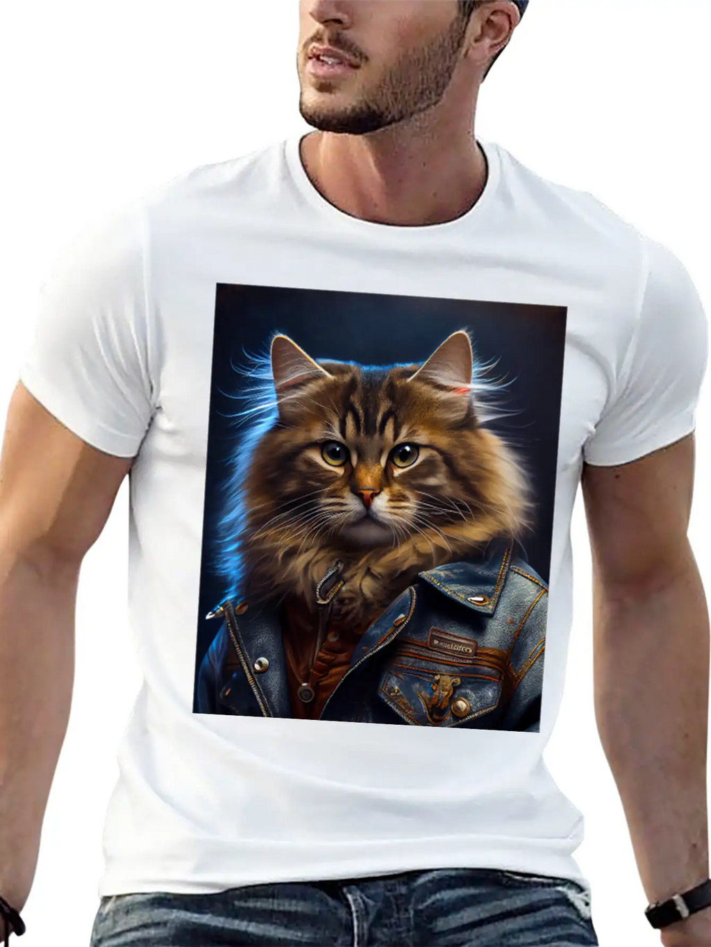 Siberian Cat Breed Portrait Wears A Leather Jacket Stylish Everyday T-Shirt – Unisex Basic Cotton Tee